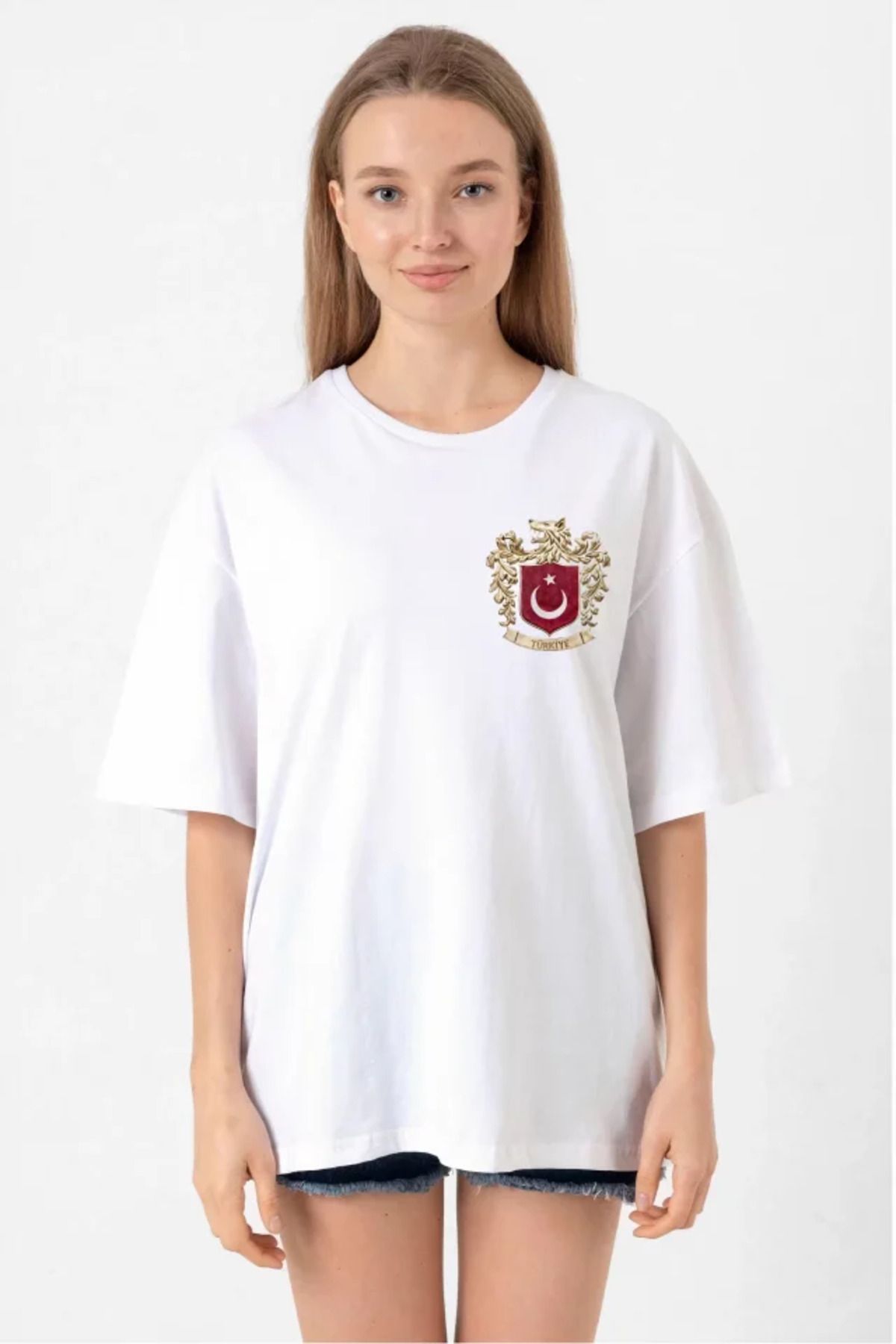 ARUZ MODA Türk Arma Baskı T-shirt- Beyaz