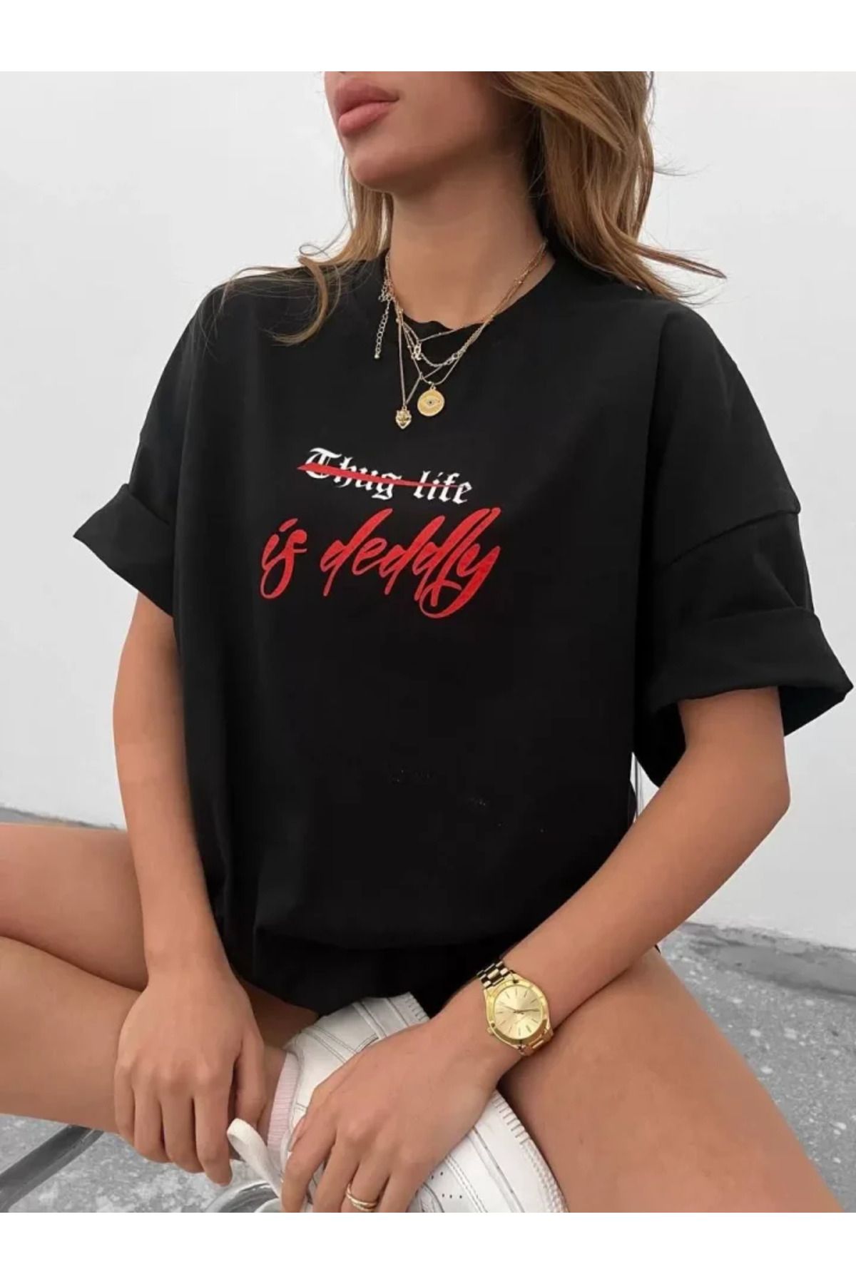 ARUZ MODA Unisex Bisiklet Yaka Baskılı Oversize T-Shirt - Siyah