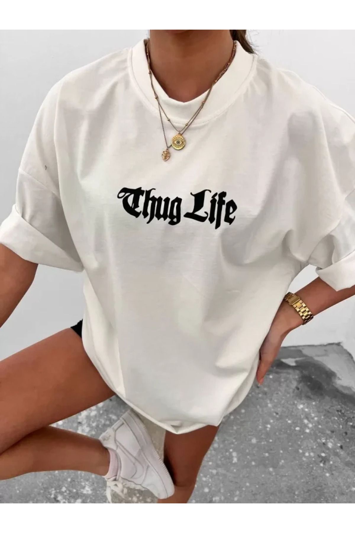ARUZ MODA Unisex Bisiklet Yaka Baskılı Oversize T-Shirt - Beyaz