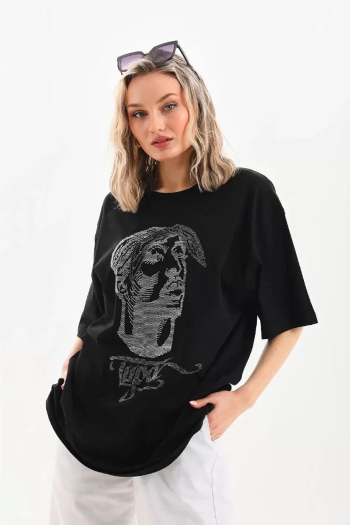 ARUZ MODA Unisex Taş Desenli Oversize T-Shirt - Siyah