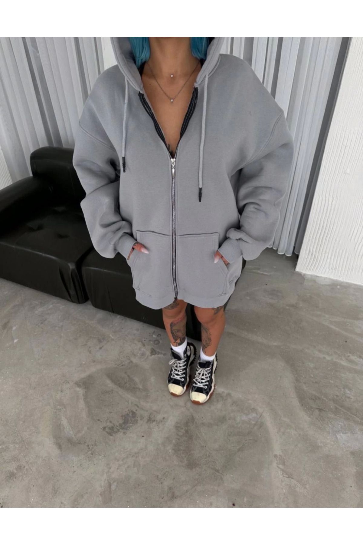 ARUZ MODA Oversize Tam Fermuarlı Uzun Kol Hırka - Gri