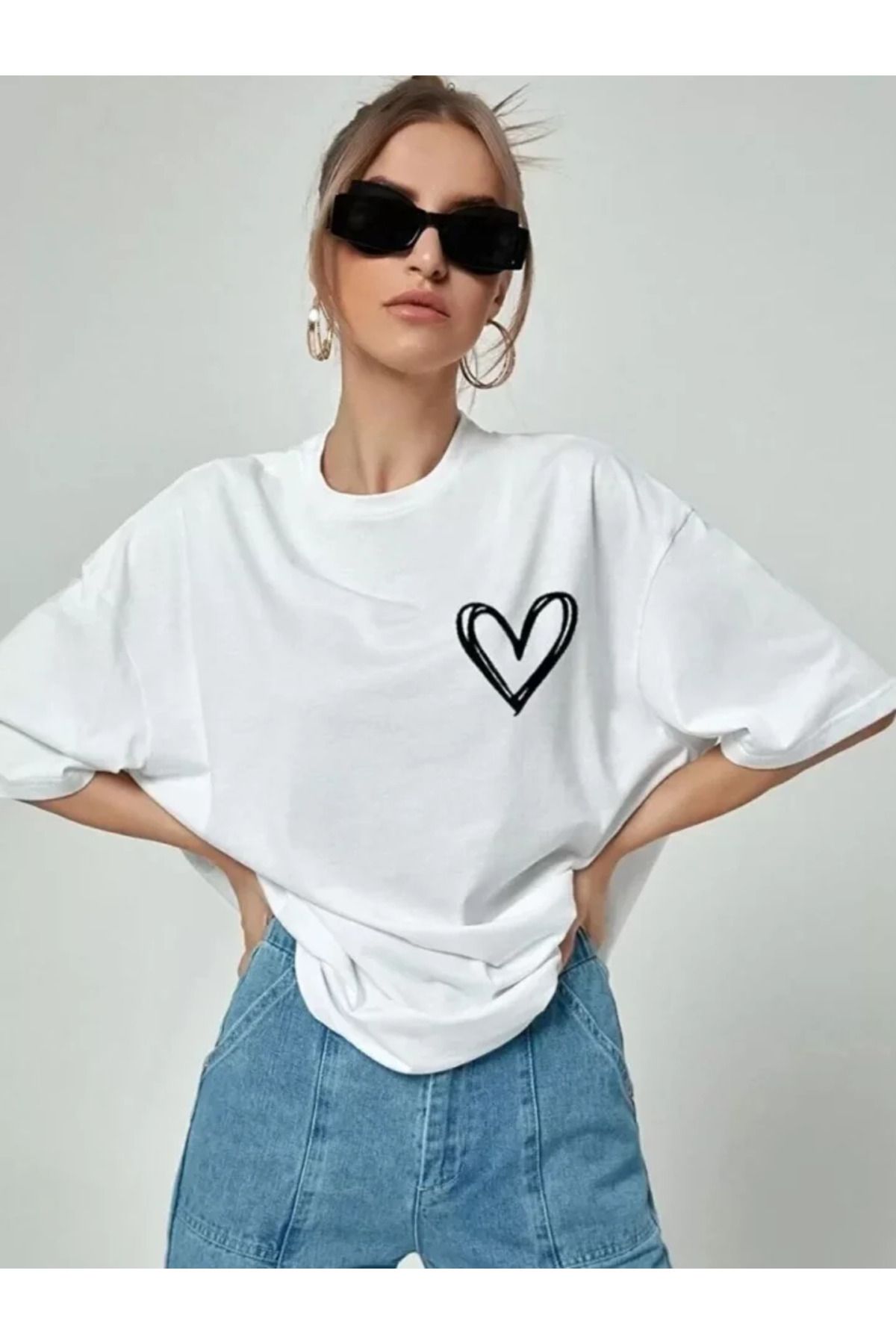 ARUZ MODA Bisiklet Yaka Baskılı Oversize T-Shirt - Beyaz