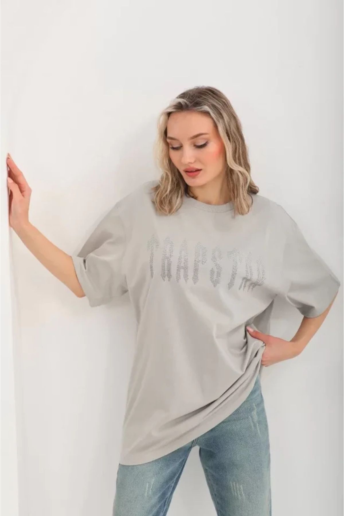 ARUZ MODA Unisex Taş Desenli Oversize T-Shirt - Gri
