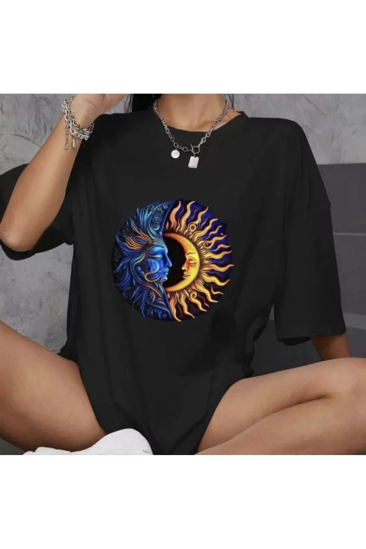 ARUZ MODA Unisex Bisiklet Yaka Baskılı Oversize T-Shirt - Siyah