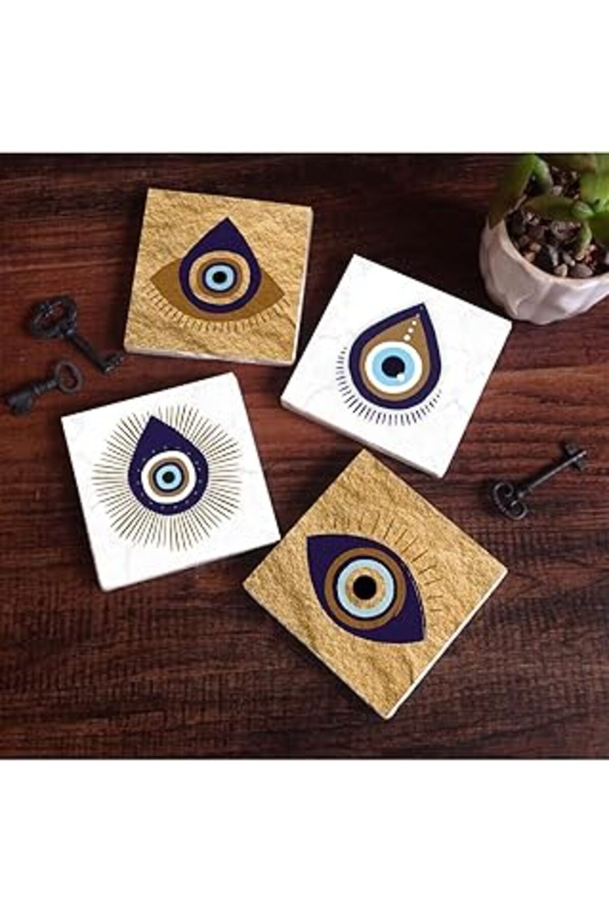 karadağsb Pinecone Nazar Taş Bardak Altlığı Seti - 4 Parça - Dekoratif, Rustik Mutfak Aksesuarı, 10X10 Cm, Ka