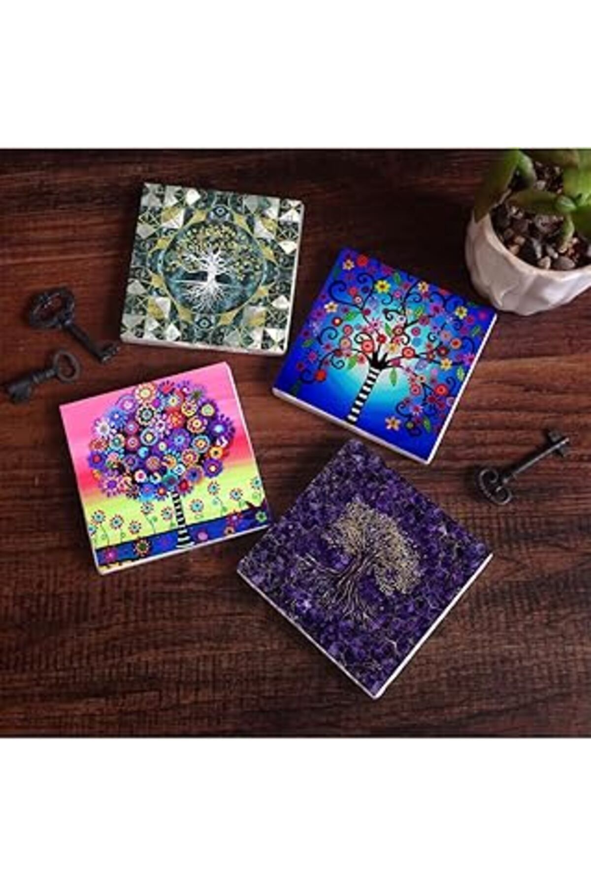 karadağsb Pinecone Hayat Ağacı Taş Bardak Altlığı Seti - 4 Parça - Dekoratif, Rustik Mutfak Aksesuarı, 10X10