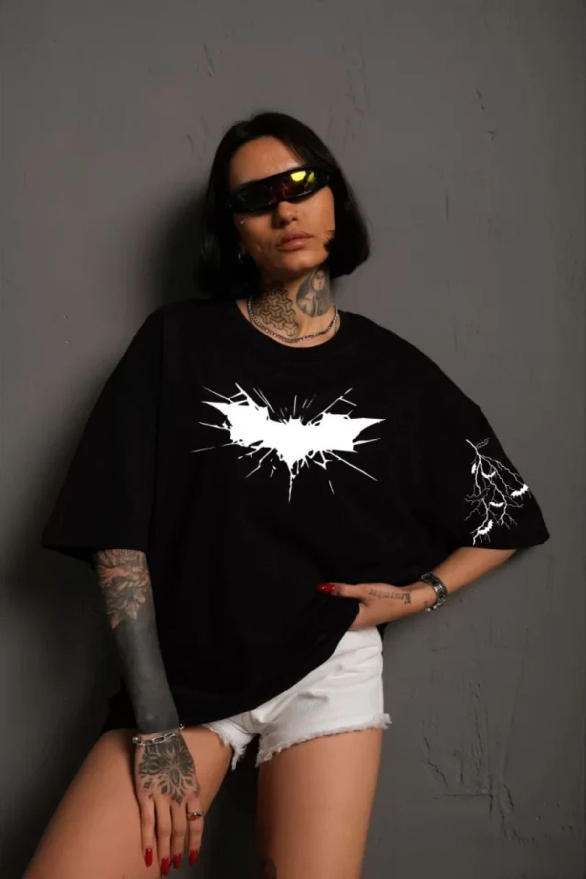 ARUZ MODA Unisex Ön Ve Kol Baskılı Oversize T-shirt - Siyah