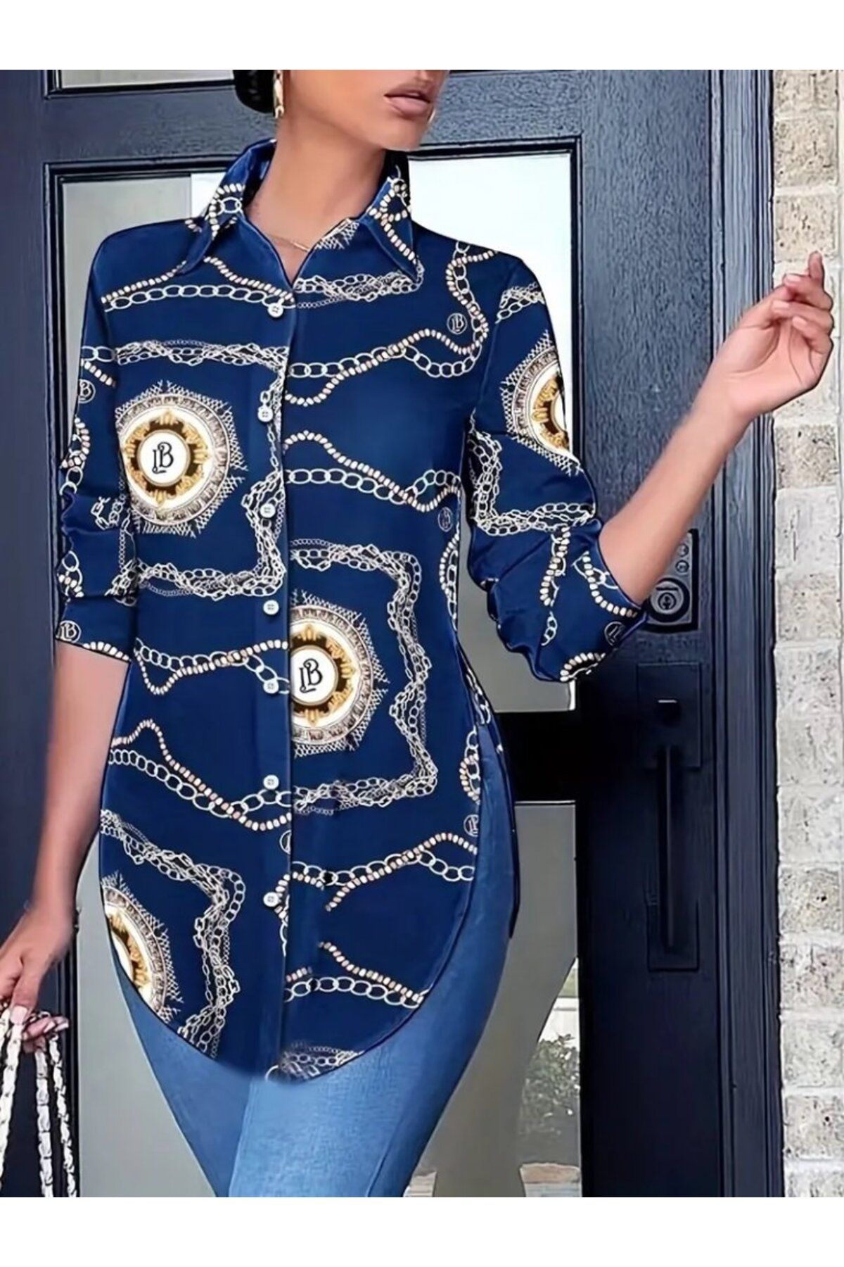ARUZ MODA Kadın Uzun Kollu Yanları Yırtmaç Detay Desenli Gömlek