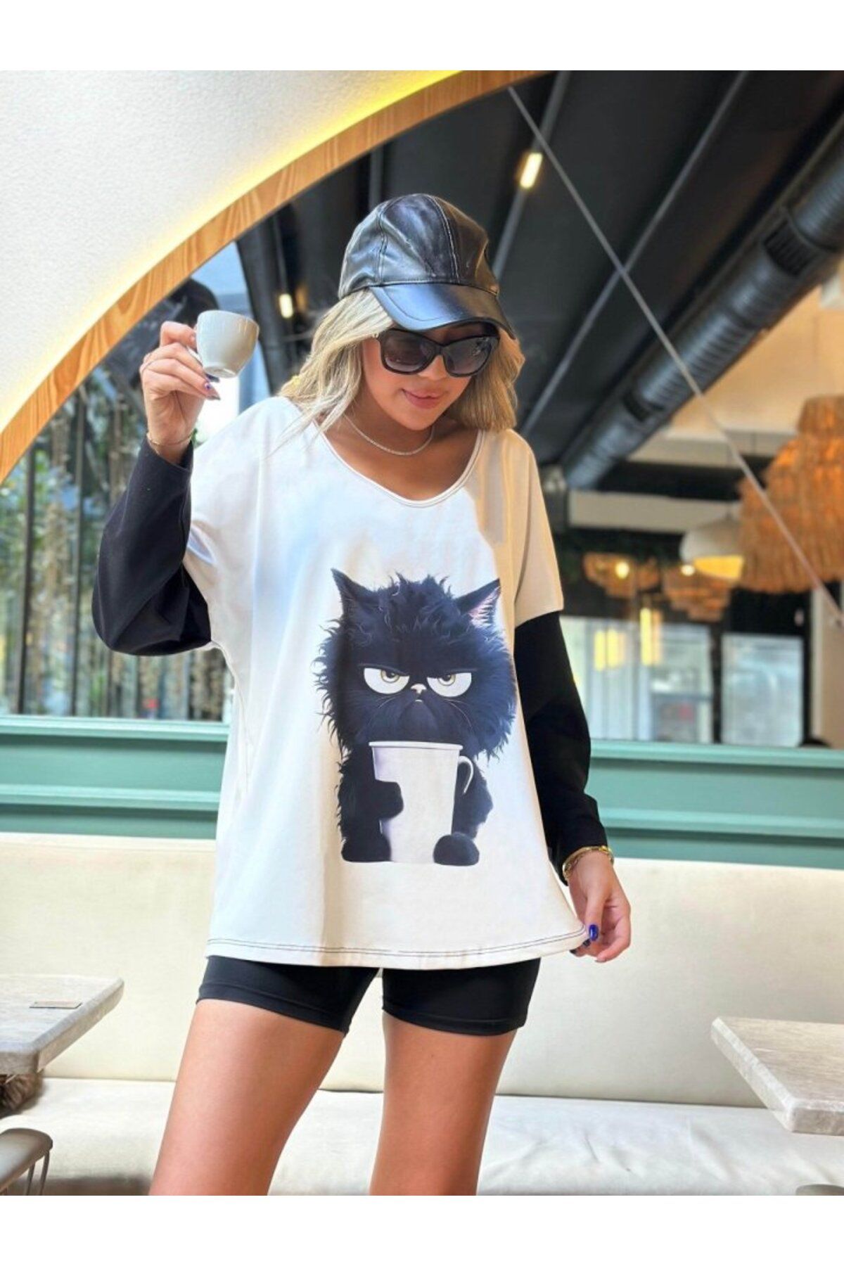 ARUZ MODA Kadın Uzun Kollu V Yakalı Kedi Baskılı şardonlu Dalgıç Bluz