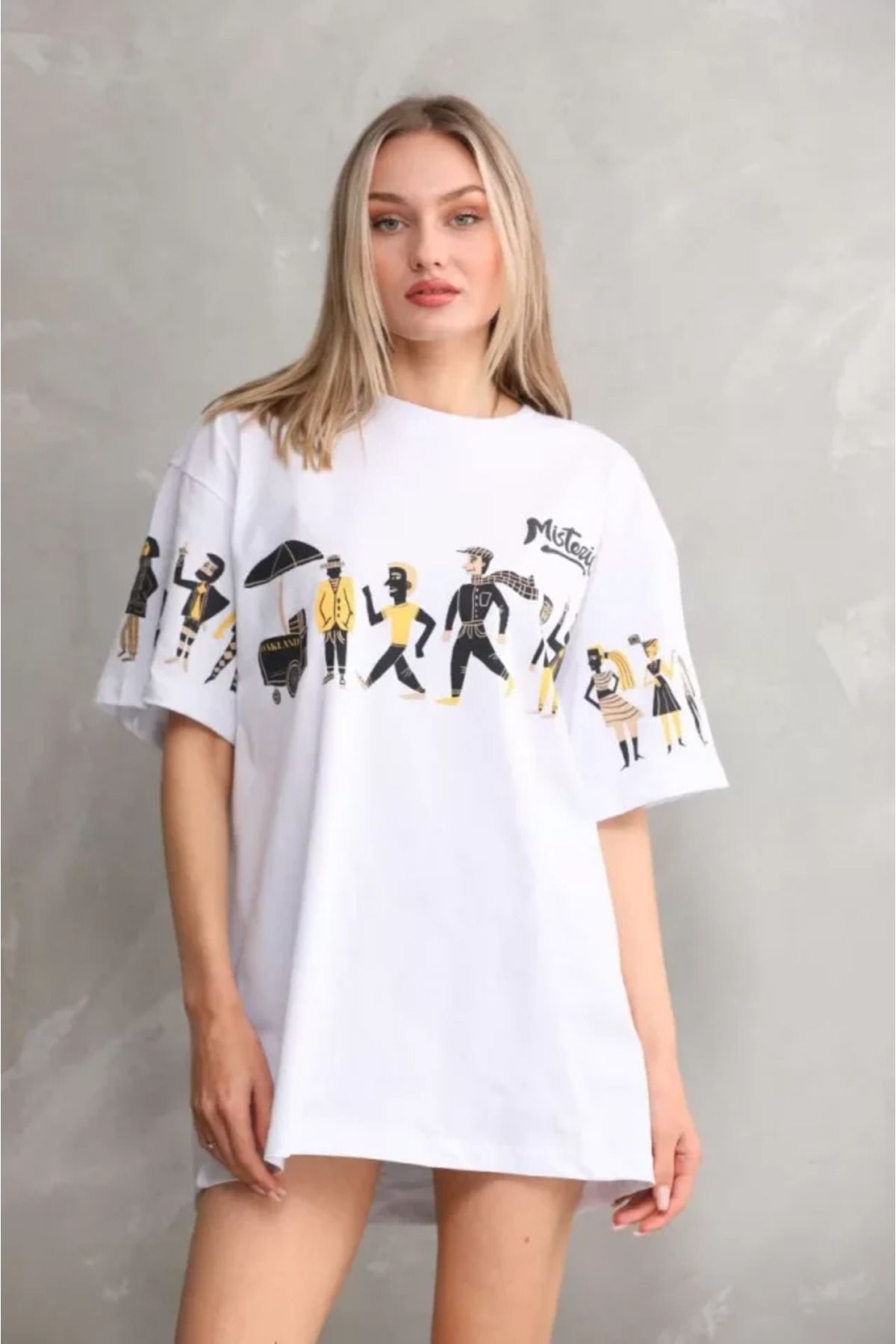 ARUZ MODA Unisex Bisiklet Yaka Baskılı Oversize T-Shirt - Beyaz