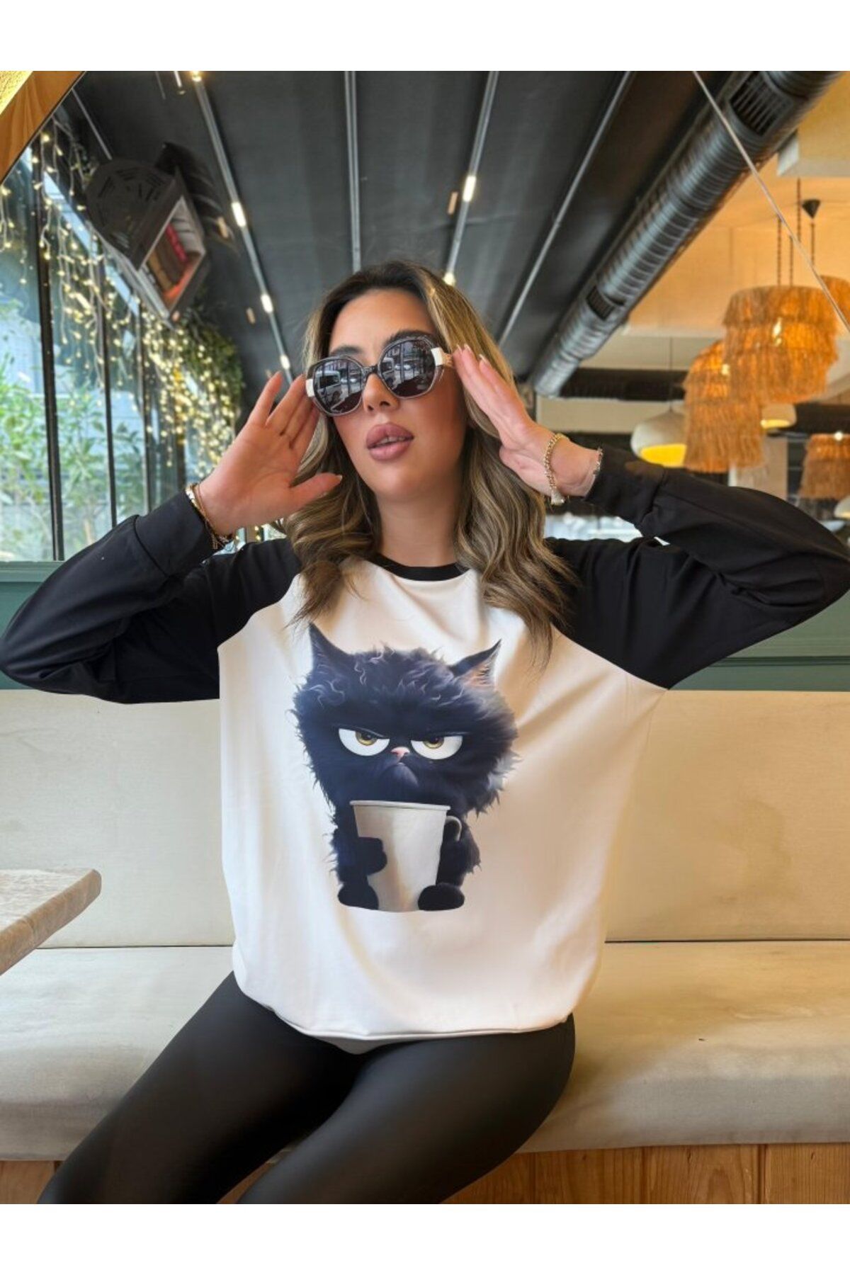 ARUZ MODA Kadın Uzun Kollu Bisiklet Yaka Kedi Baskılı şardonlu Dalgıç Bluz