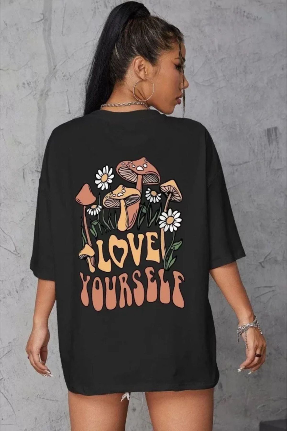 ARUZ MODA Unisex Baskılı Oversize T-Shirt - Siyah