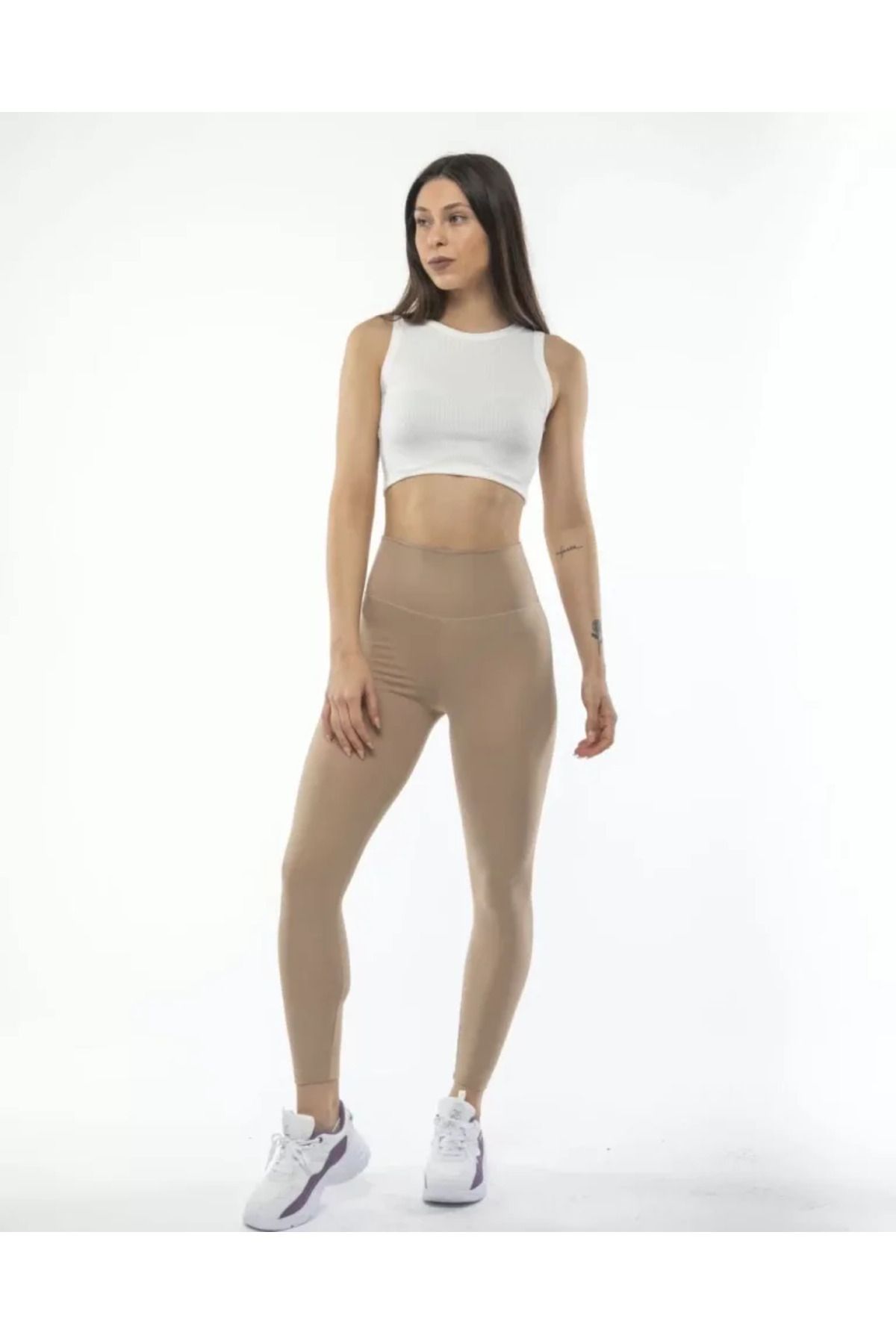 ARUZ MODA Yüksek Bel Sporcu Düz Tayt - Bej