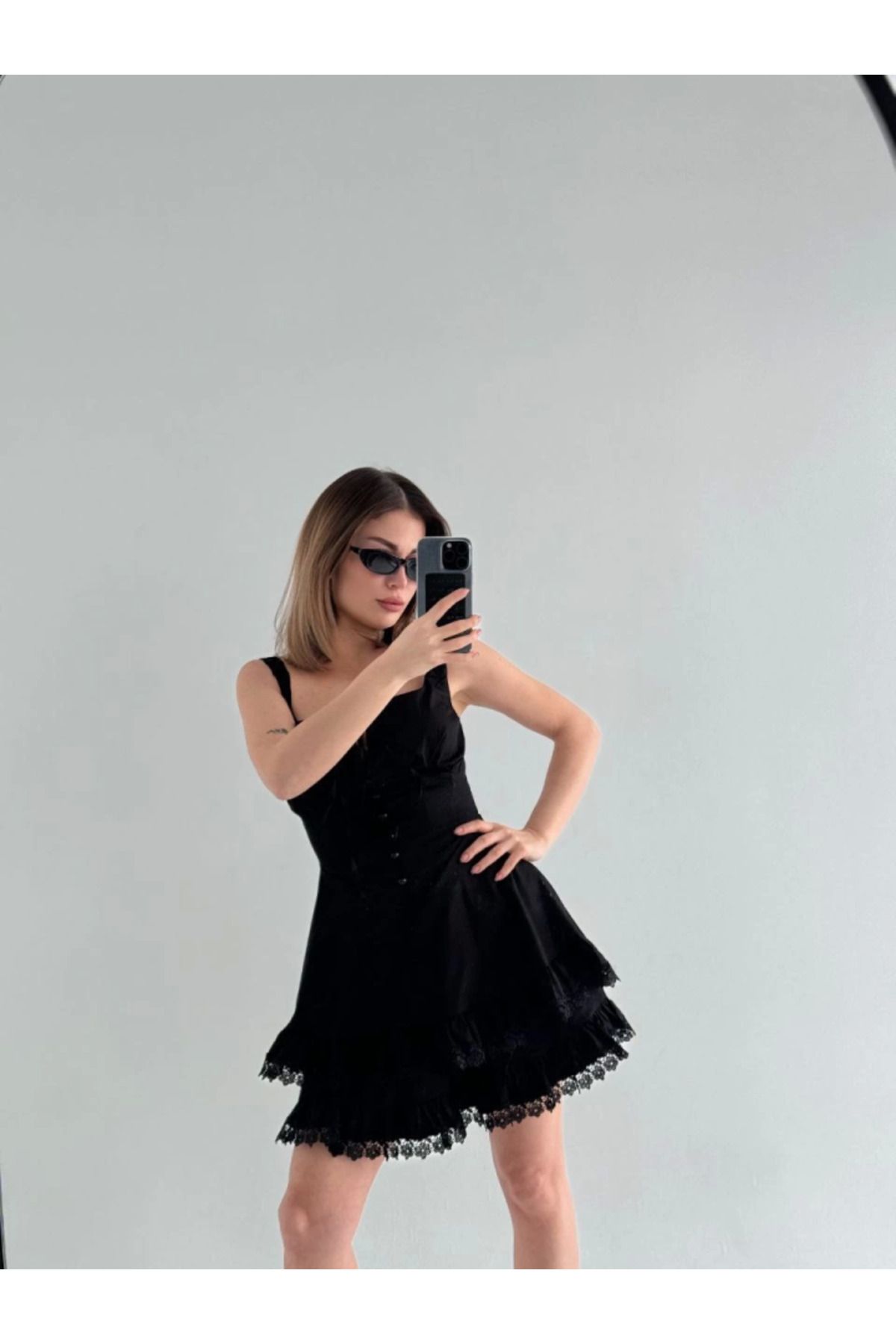 ARUZ MODA Mini Askılı Elbise - Siyah
