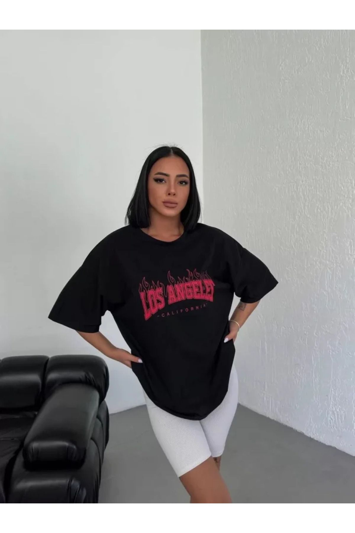 ARUZ MODA Unisex Bisiklet Yaka Baskılı Oversize T-Shirt - Siyah