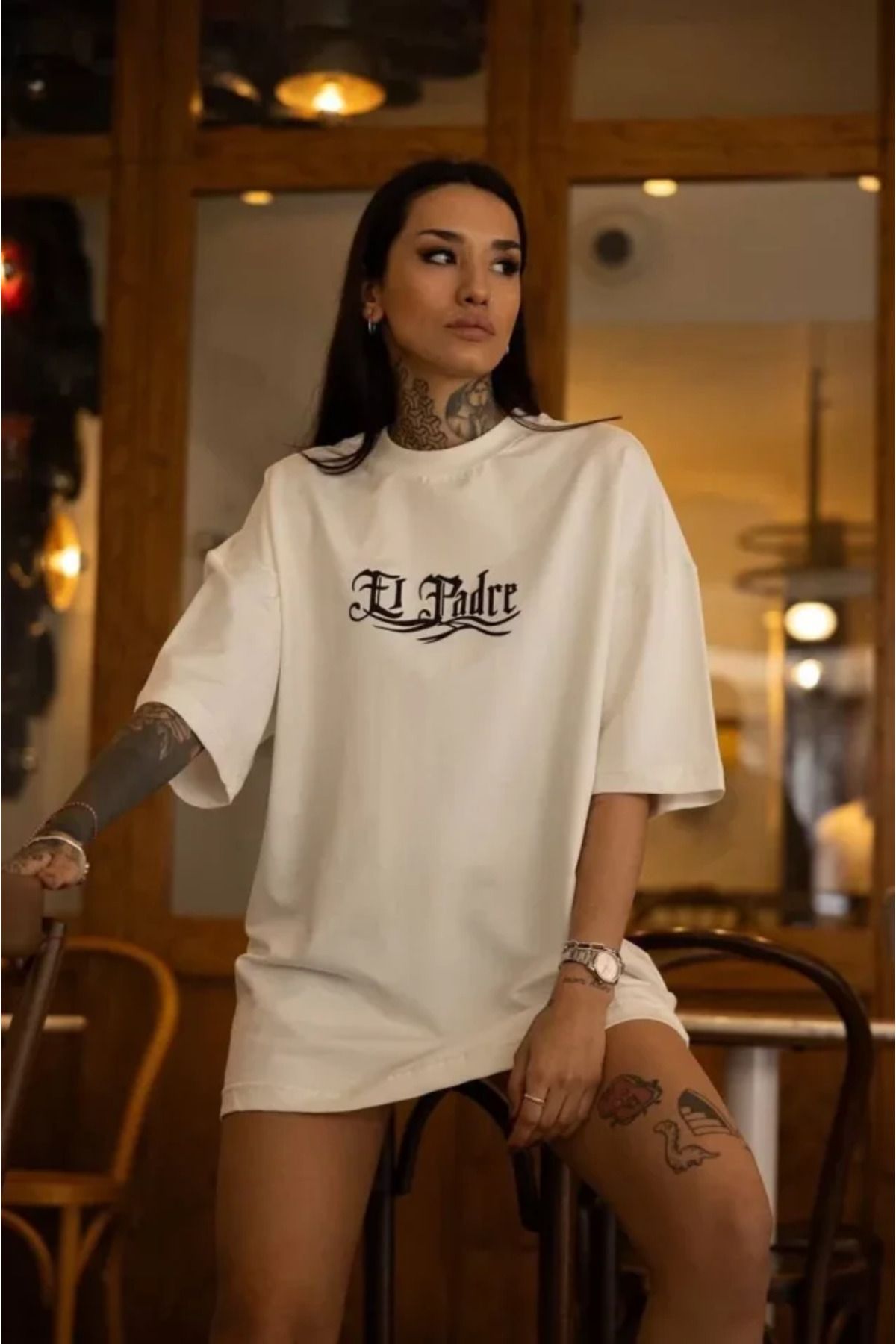 ARUZ MODA Unisex Bisiklet Yaka Baskılı Oversize T-Shirt - Beyaz