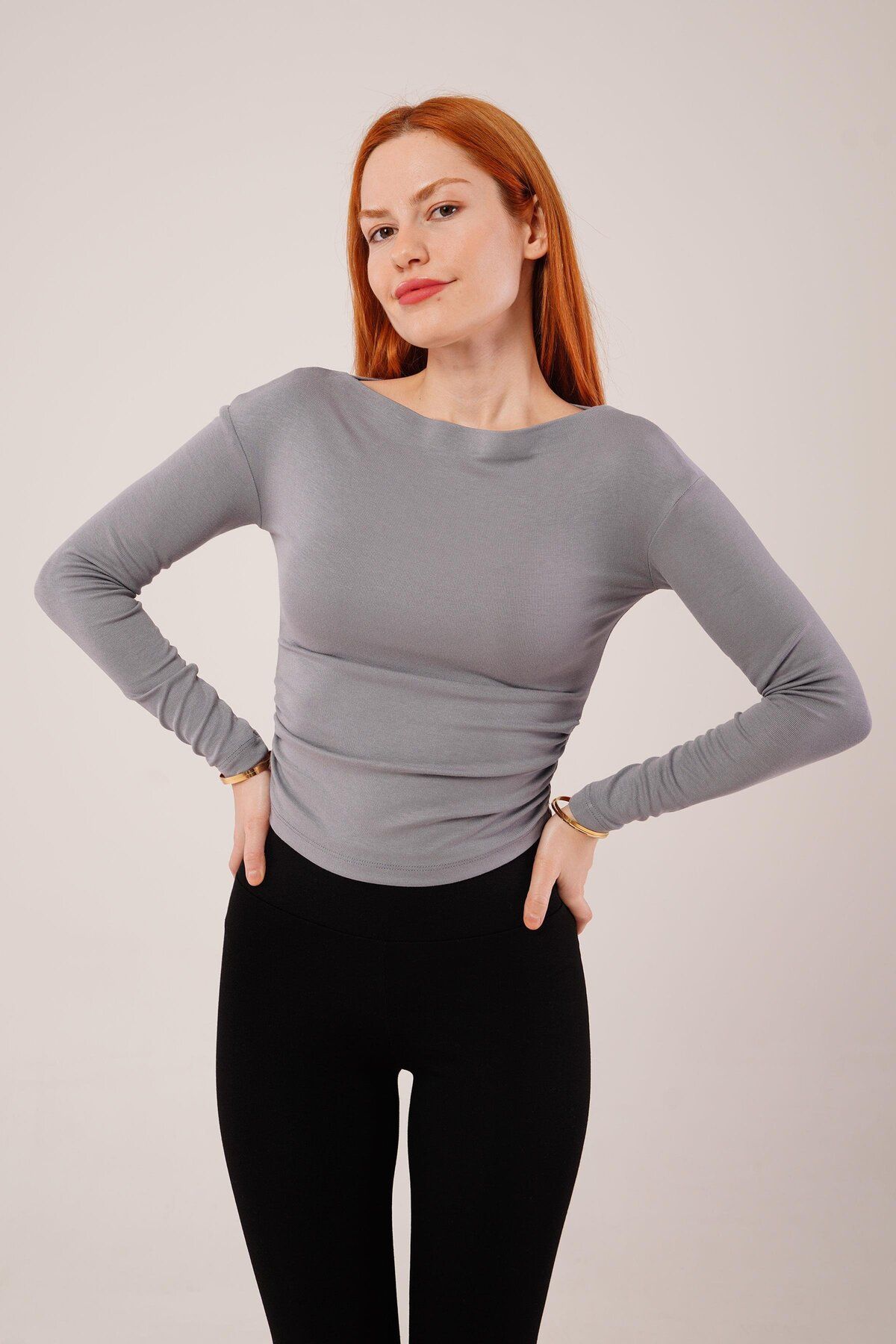 ARUZ MODA Yaka Detay Uzun Kollu Basic Gri Bluz
