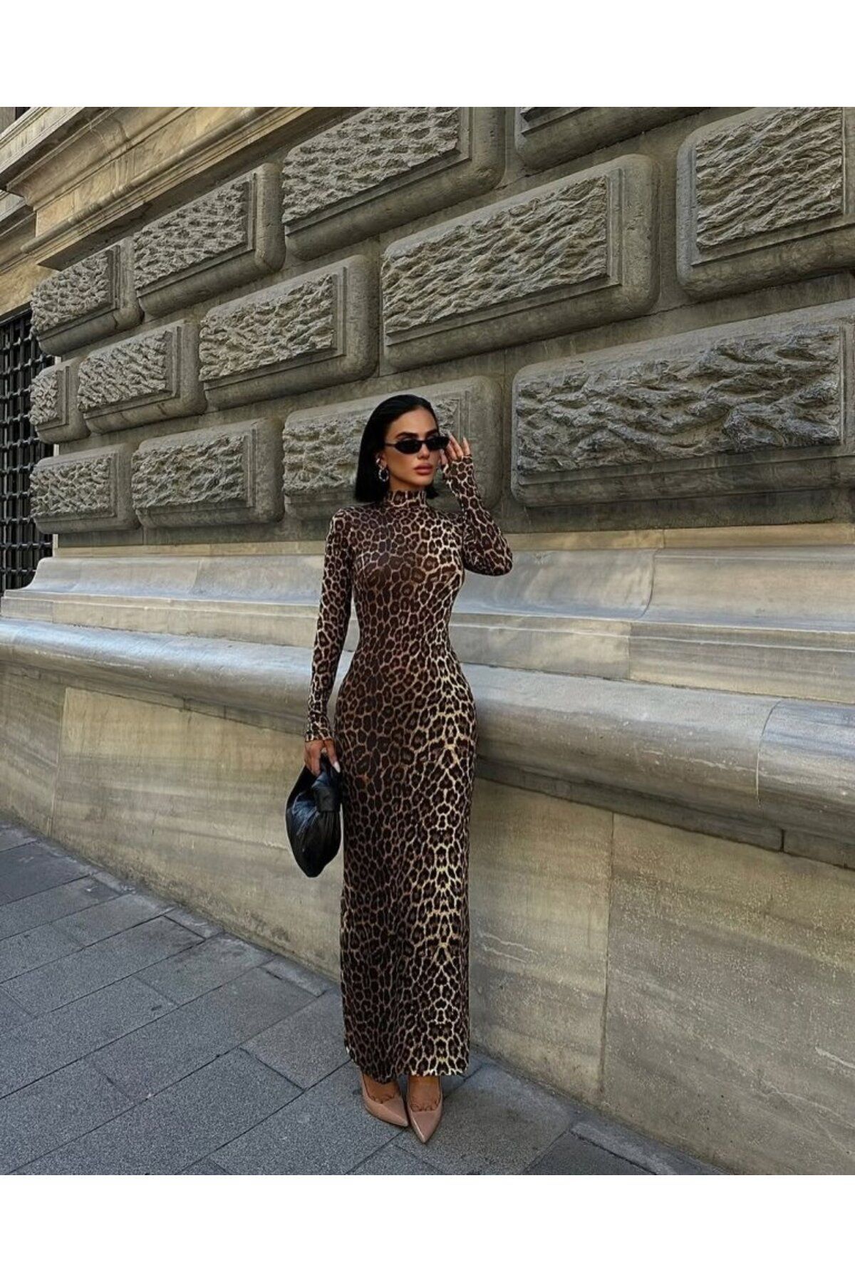 ARUZ MODA Kadın Uzun Kollu Balıkçı Yaka Gull Likralı Leopar Desen Maxi Boy Elbise