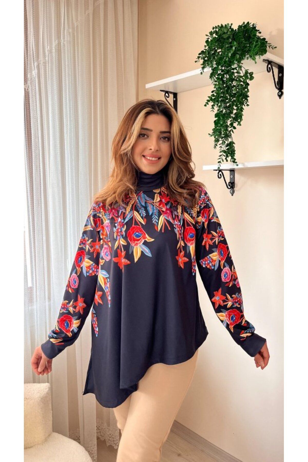 ARUZ MODA Kadın Uzun Kollu Balıkçı Yaka Asimetrik Kesim Dalgıç Kumaş Bluz