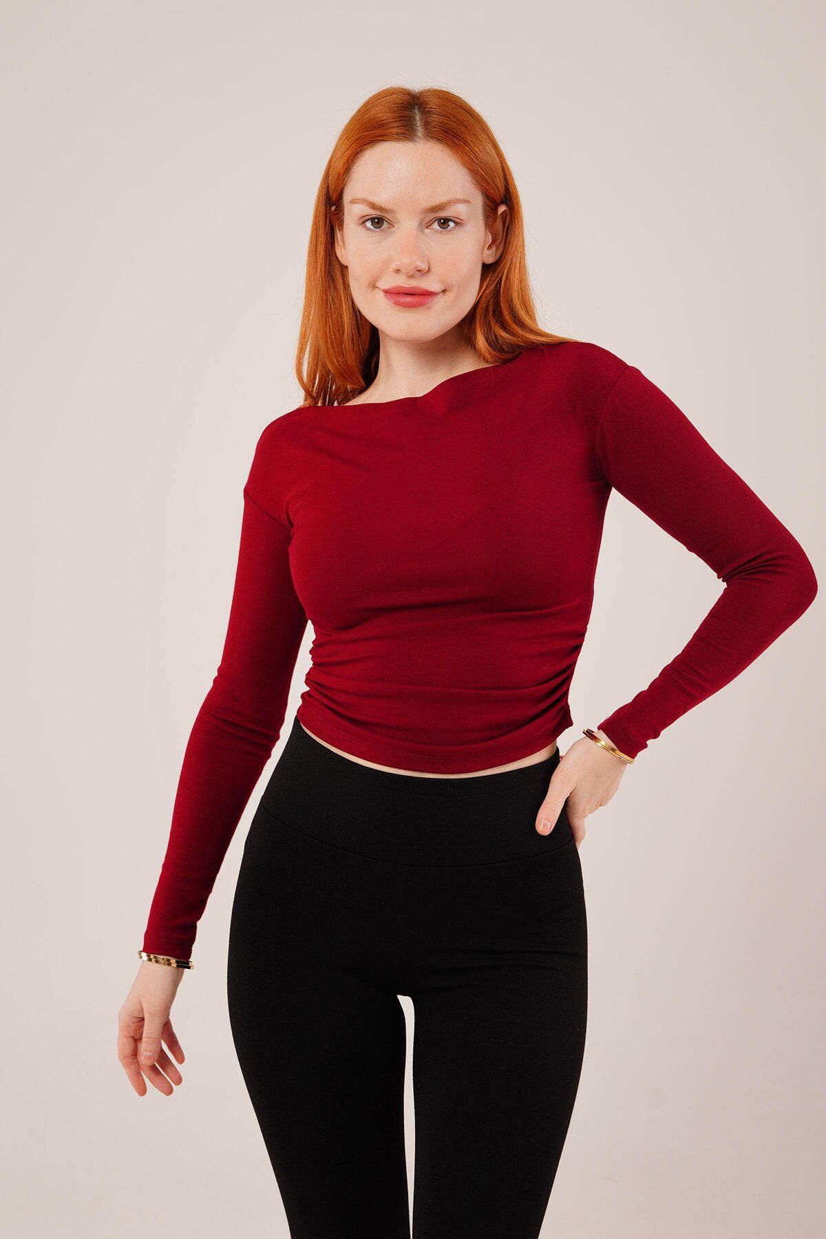 ARUZ MODA Yaka Detay Uzun Kollu Basic Bordo Bluz