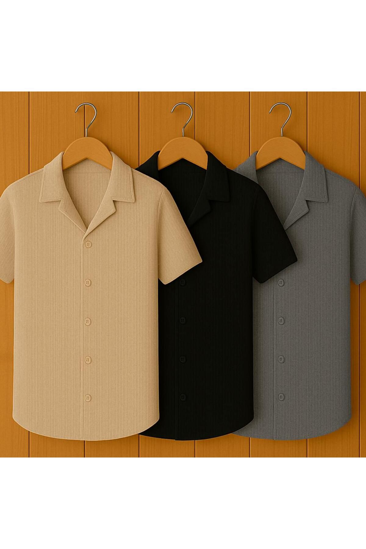 LC Waikiki 3'lü Avantaj paket Yeni Sezon Slim Fit Kısa Kollu Premium Erkek Dokulu Waflle Gömlek