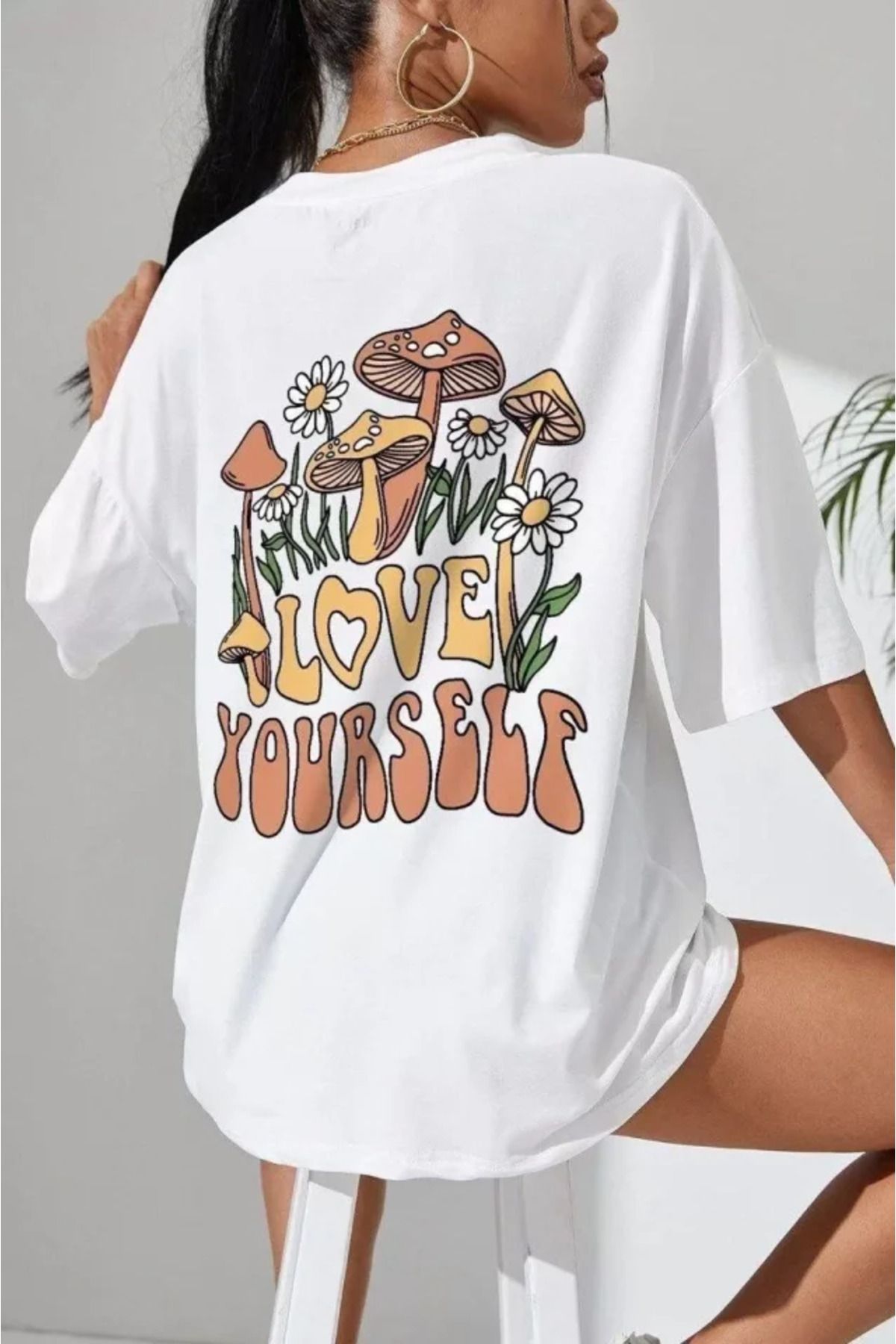 ARUZ MODA Unisex Baskılı Oversize T-Shirt - Beyaz