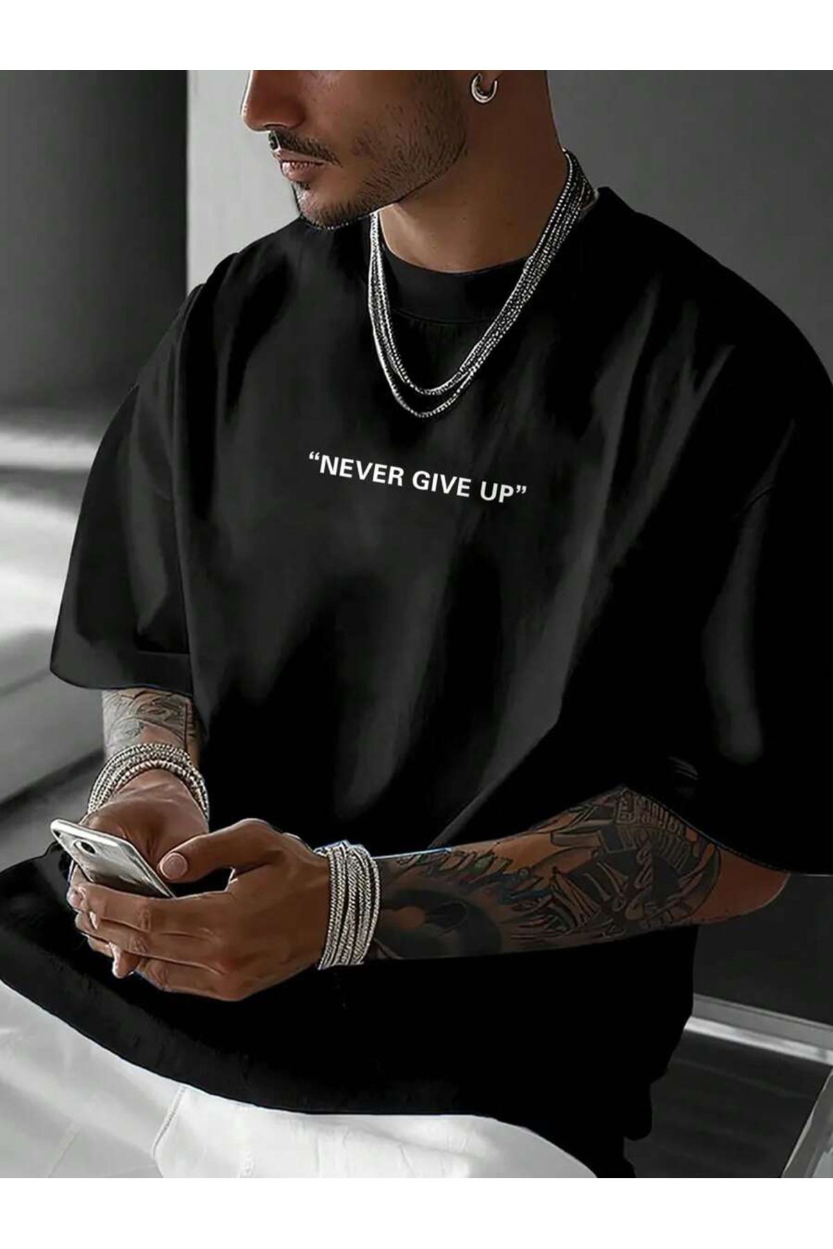 YUVEST Blackrock T-shirt - Never Give Up Baskılı Oversize Bisiklet Yaka Kısa Kol Beyaz Tişört