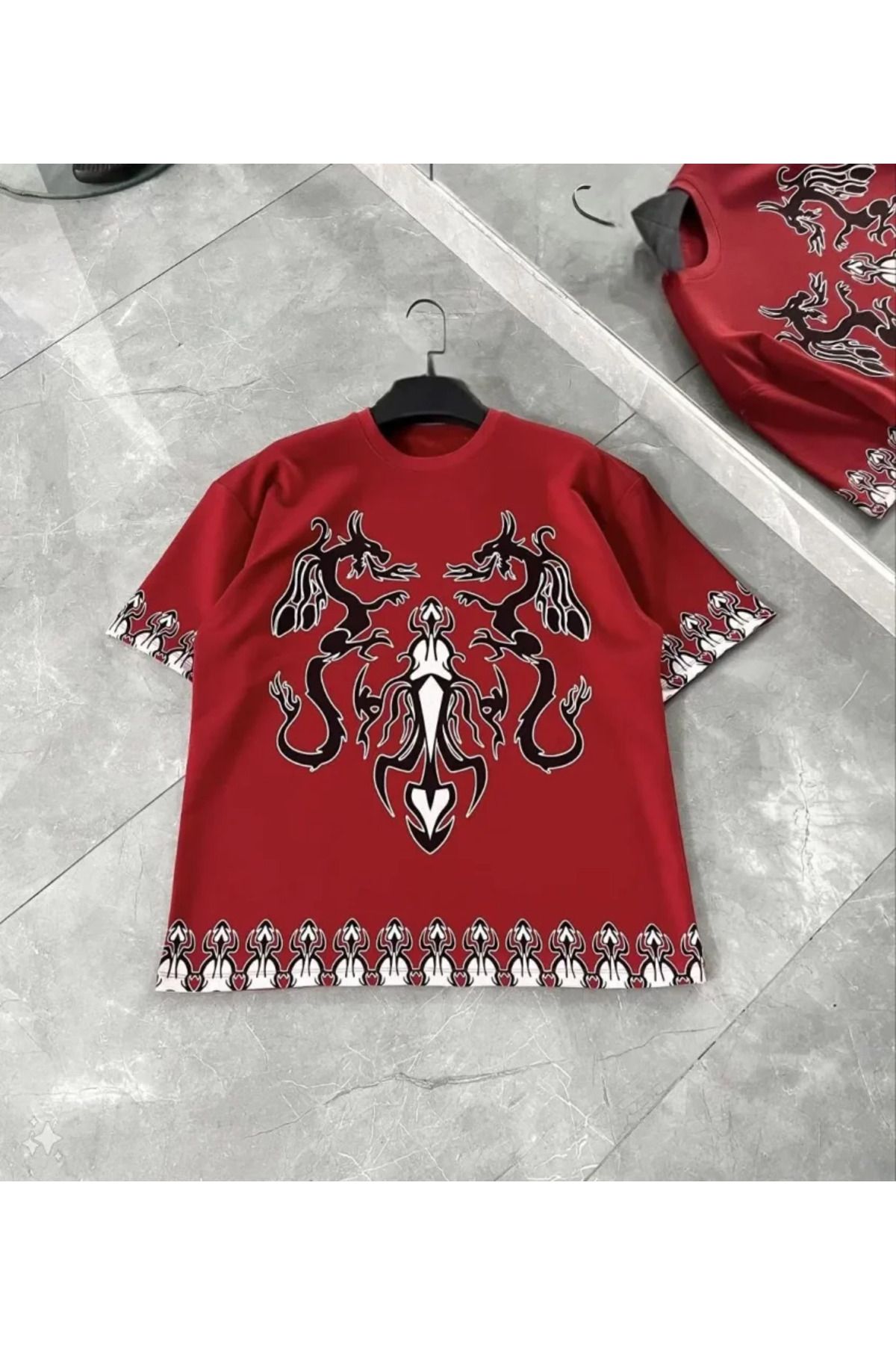 ARUZ MODA Unisex Bisiklet Yaka Baskılı Oversize T-Shirt - Kırmızı