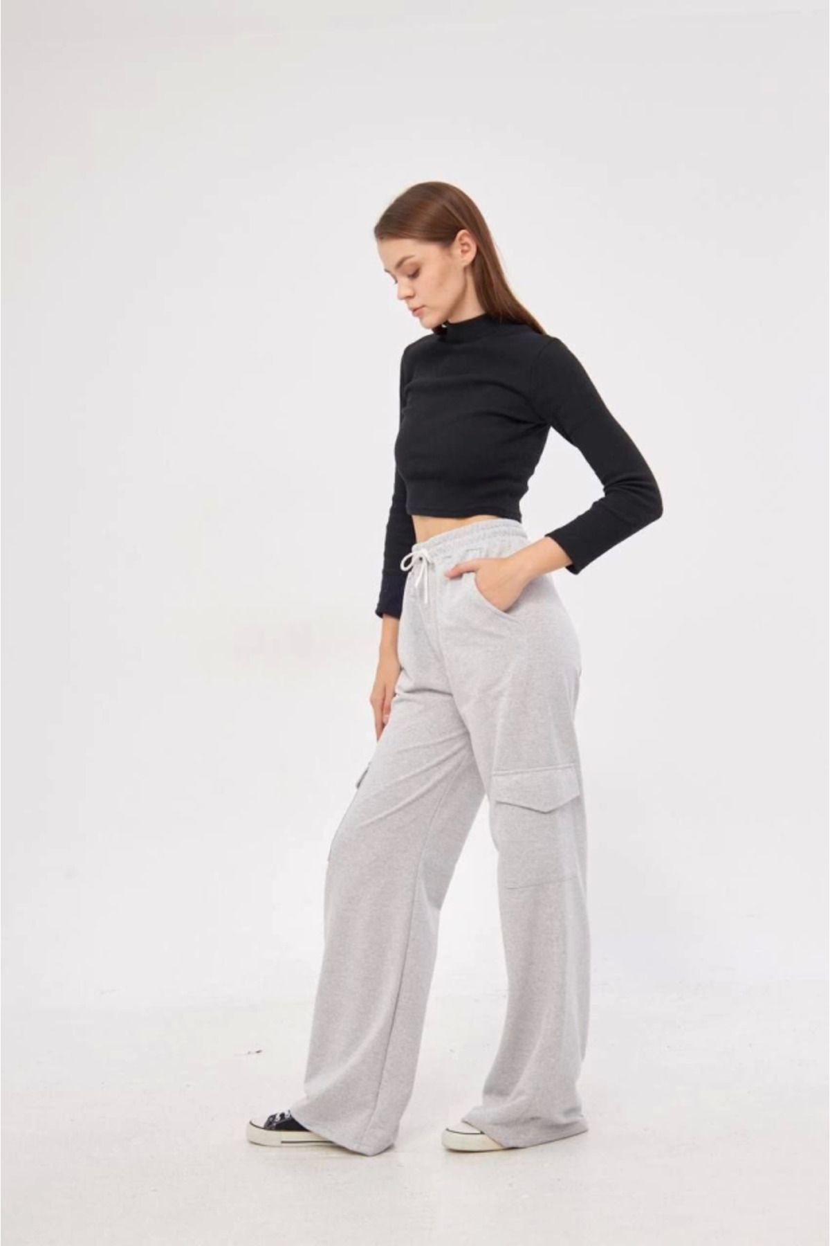 ARUZ MODA Kargo Cepli Palazzo Oversize Kesim İki Iplik Bol Paça Eşofman Altı Pantalon - Gri
