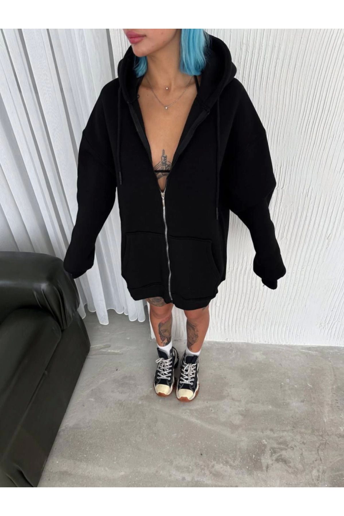 ARUZ MODA Oversize Tam Fermuarlı Uzun Kol Hırka - Siyah