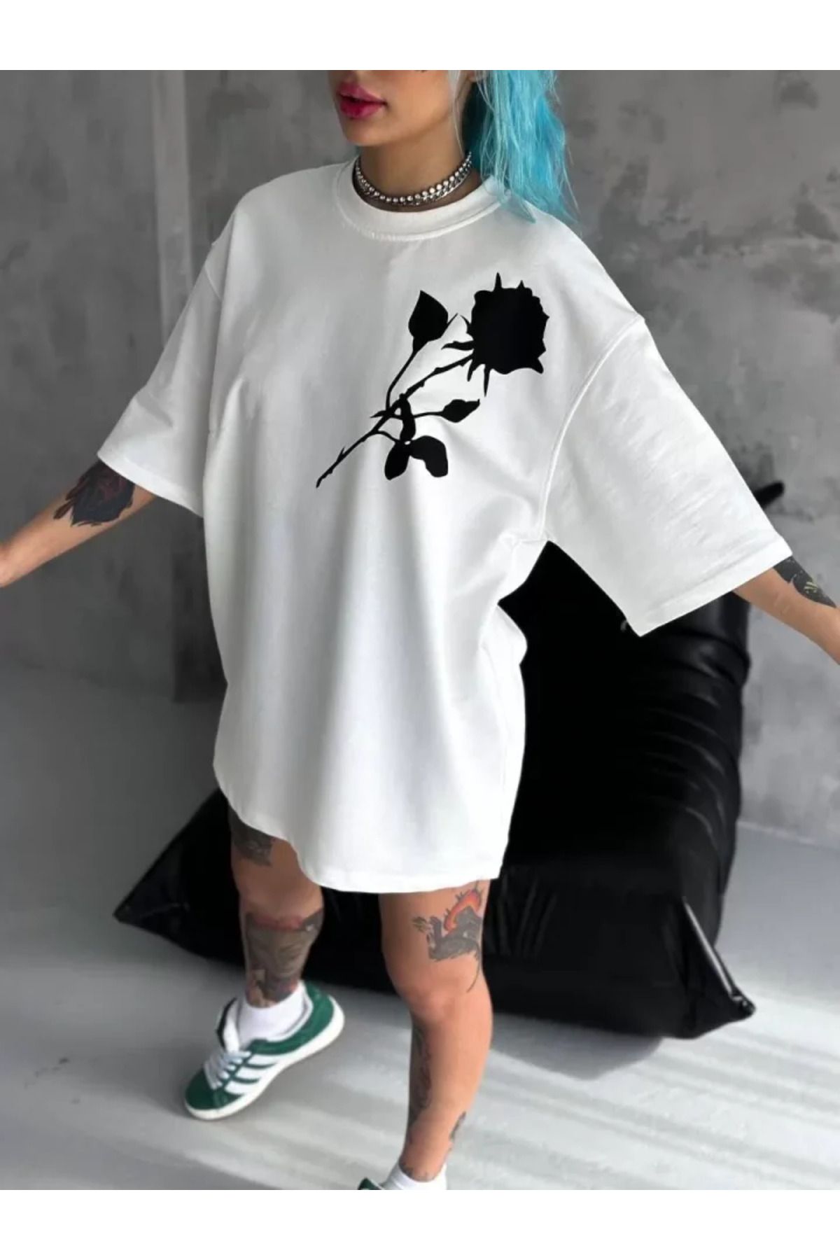 ARUZ MODA Unisex Bisiklet Yaka Baskılı Oversize T-Shirt - Beyaz