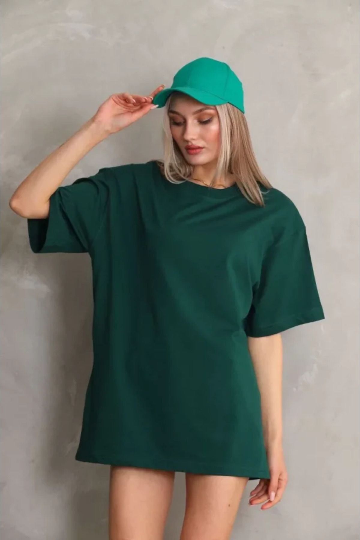 ARUZ MODA Unisex Bisiklet Yaka 20/1 Düz Oversize T-Shirt - Yeşil