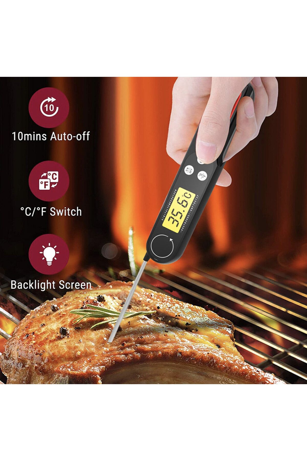 PUFO-Digital thermometer with probe, Large easy-to-read display, -50°C ~ +300°C, Foldable model, Black 4