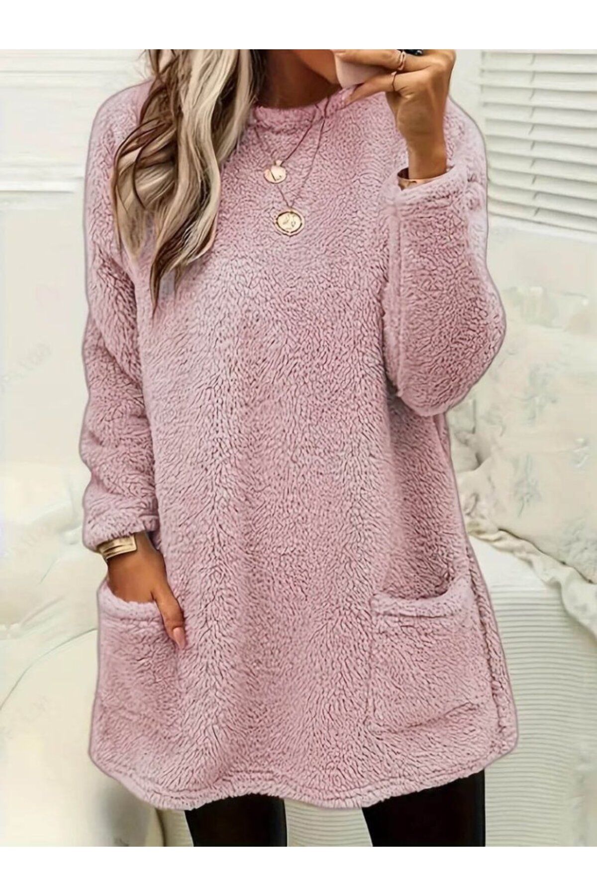 ARUZ MODA Kadın Uzun Kollu Yuvarlak Yakalı Cepli Peluş Bluz