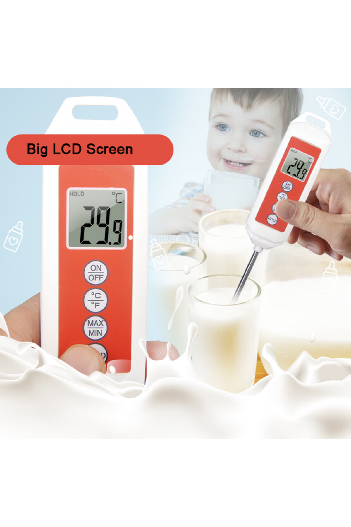 PUFO-Digital thermometer for kitchen, liquids, food, dairy, cakes, wax, -50° C - +300° C, Red/White 6