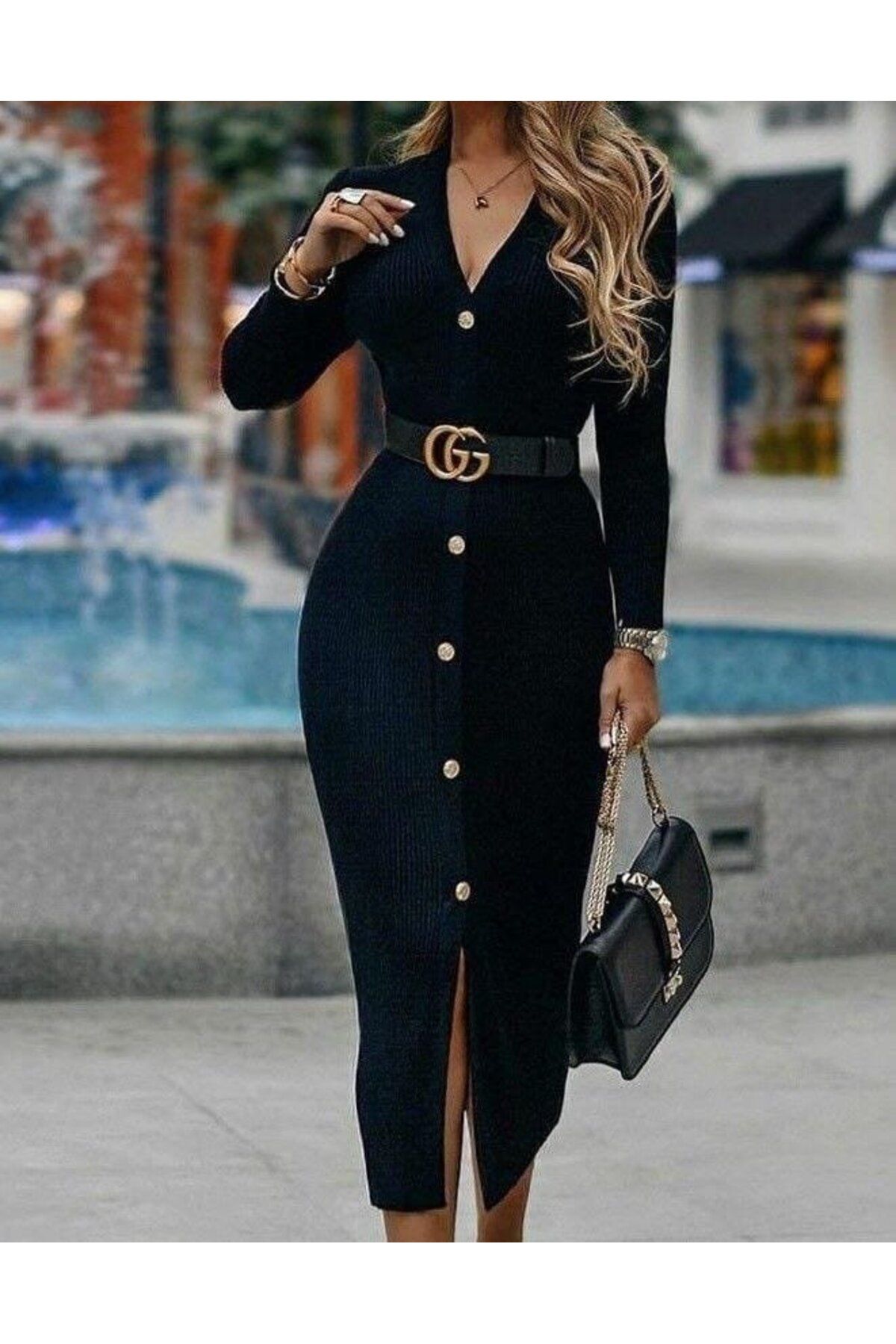 ARUZ MODA Kadın Uzun Kollu Burgulukumaş V Yaka Düğme Ve Aksesuarlı Kemer Detay Elbise