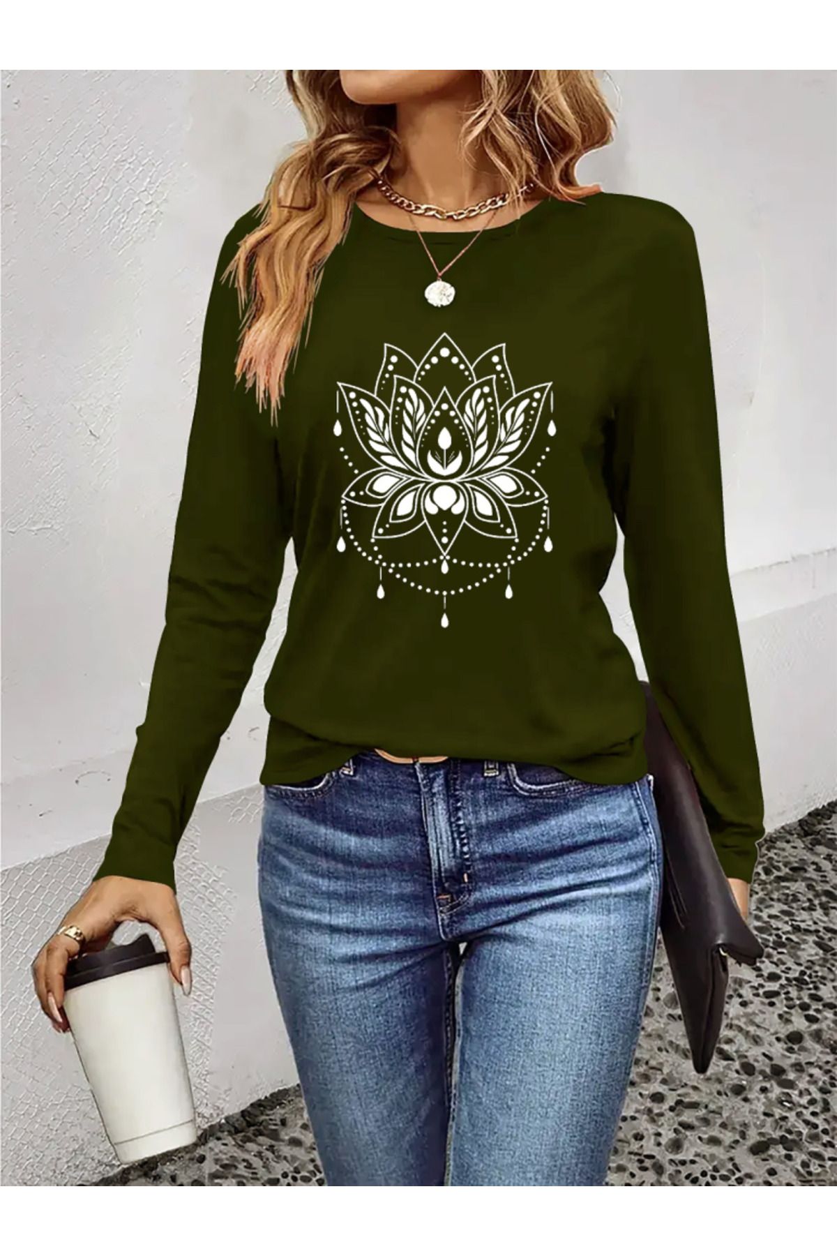 ARUZ MODA Kadın Uzun Kollu Bisiklet Yaka çiçek Desenli Viskon Bluz
