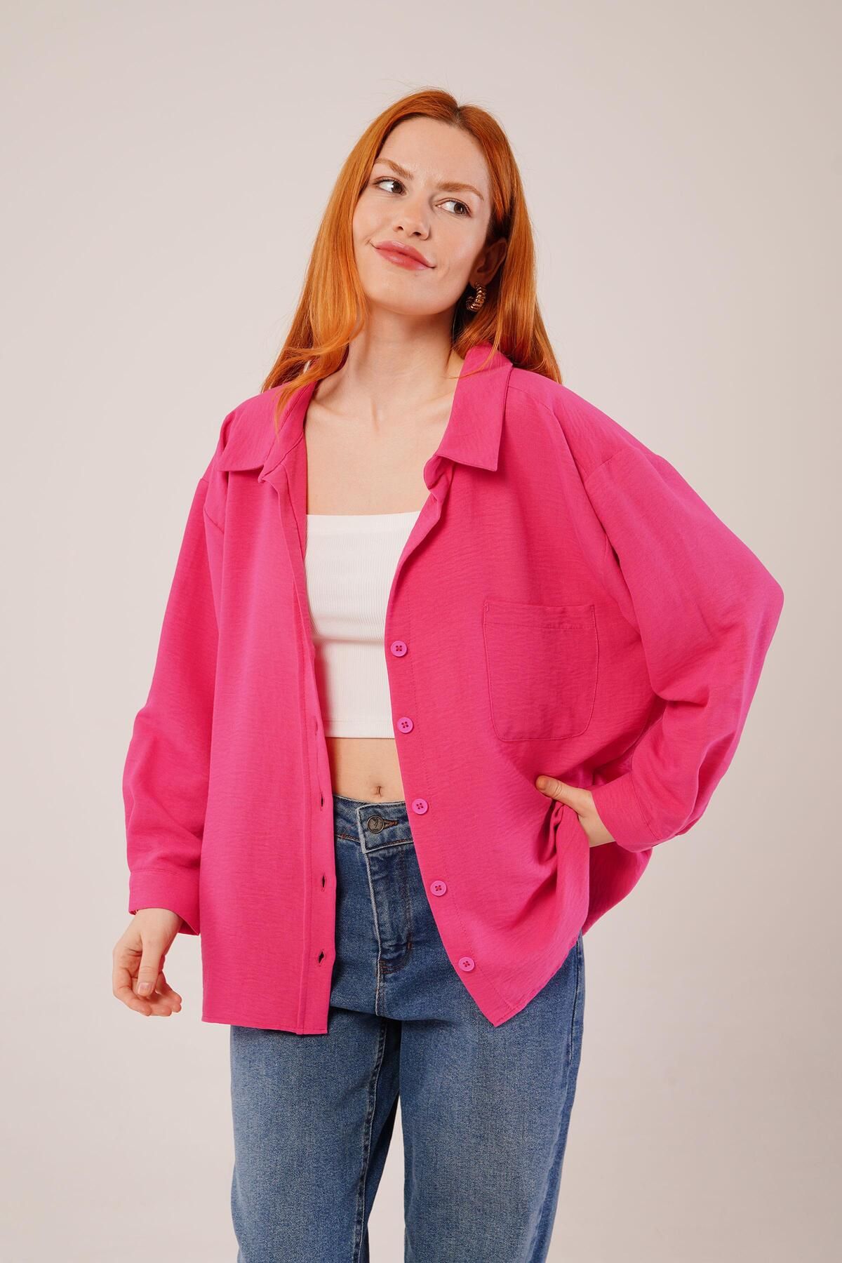 ARUZ MODA Basic Oversize Fuşya Gömlek