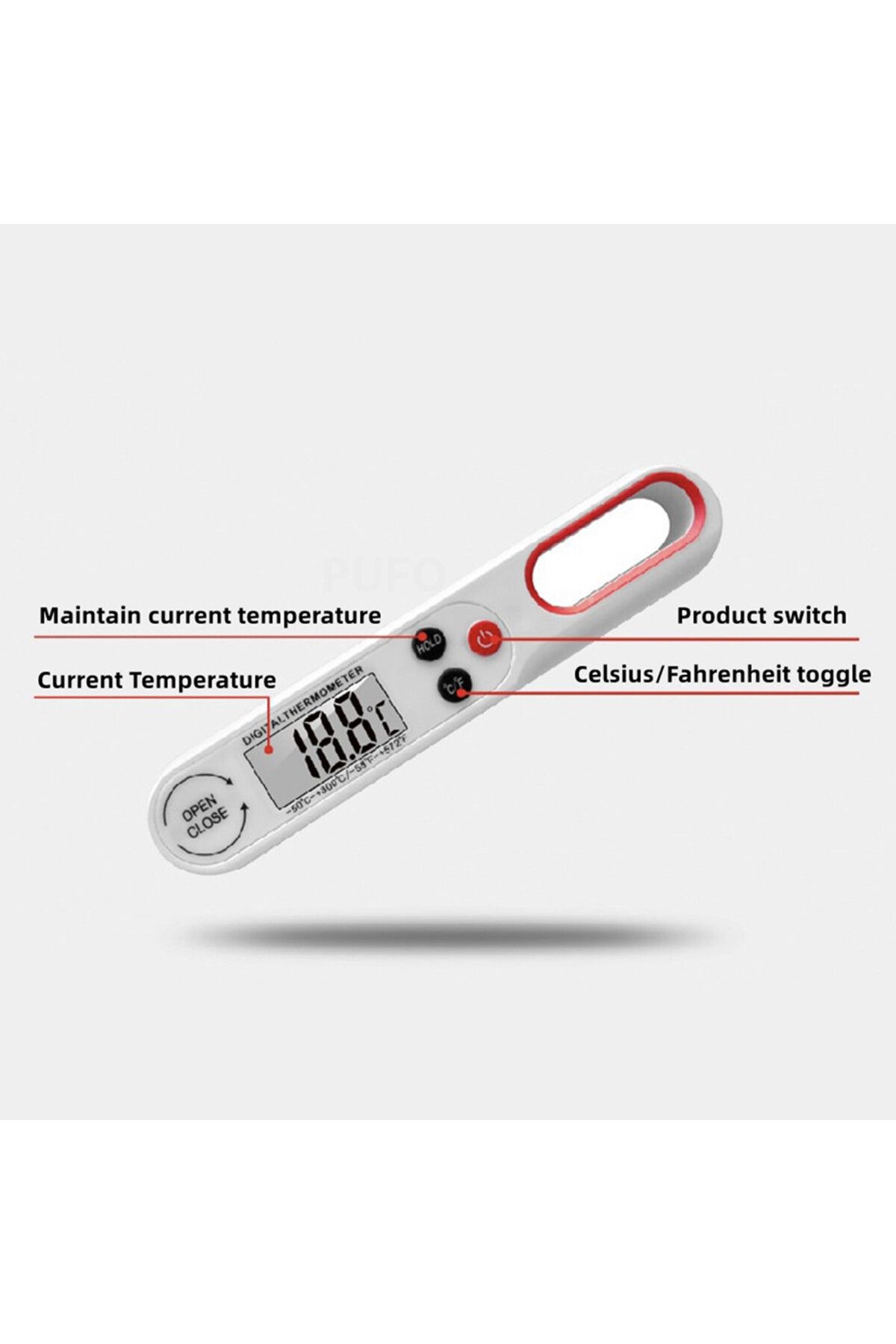 PUFO-Digital thermometer with probe, Large easy-to-read display,-50°C ~ +300°C, Automatic shut-off, White 4