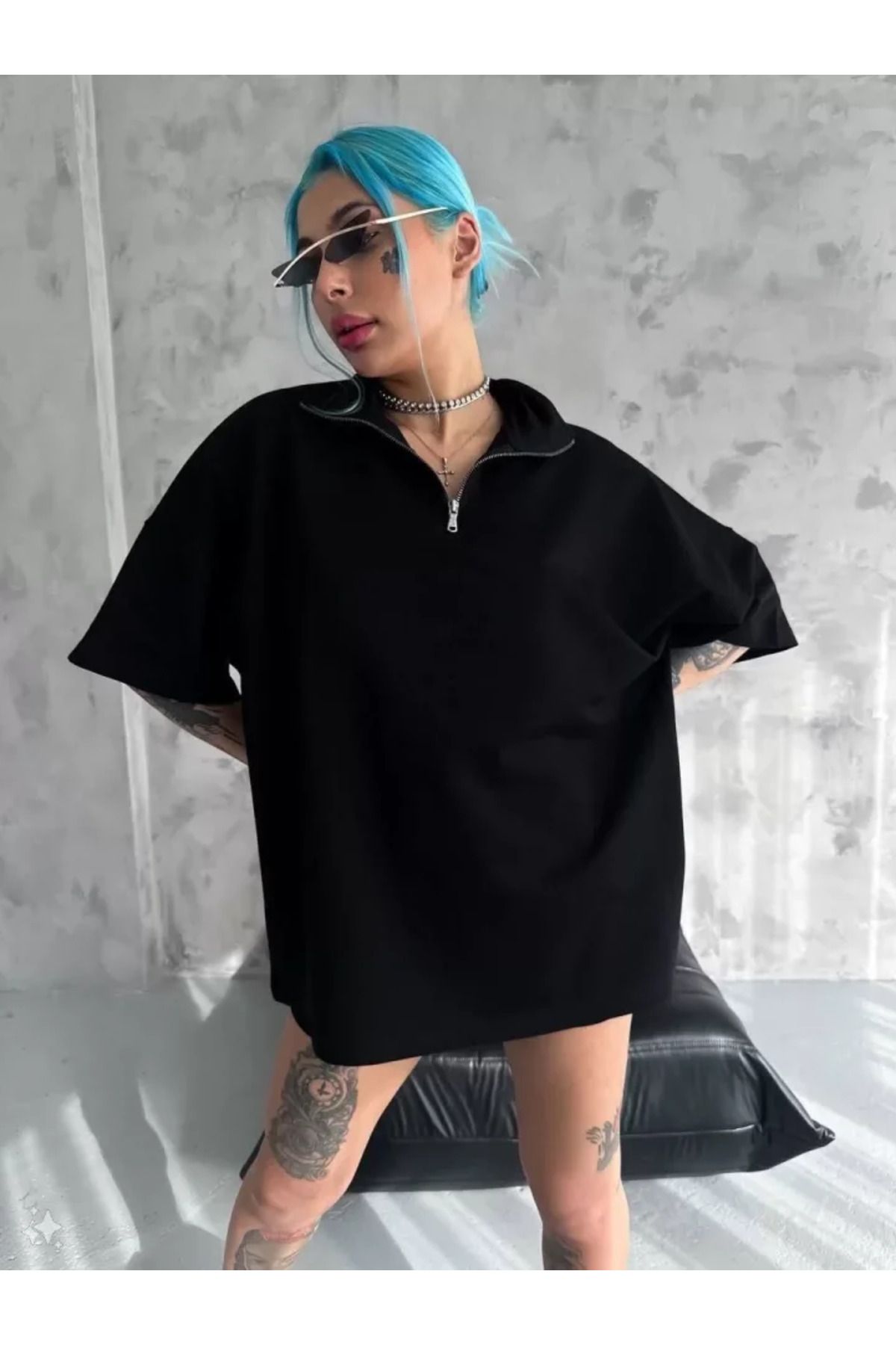ARUZ MODA Unisex Yarım Fermuarlı Basic T-Shirt - Siyah