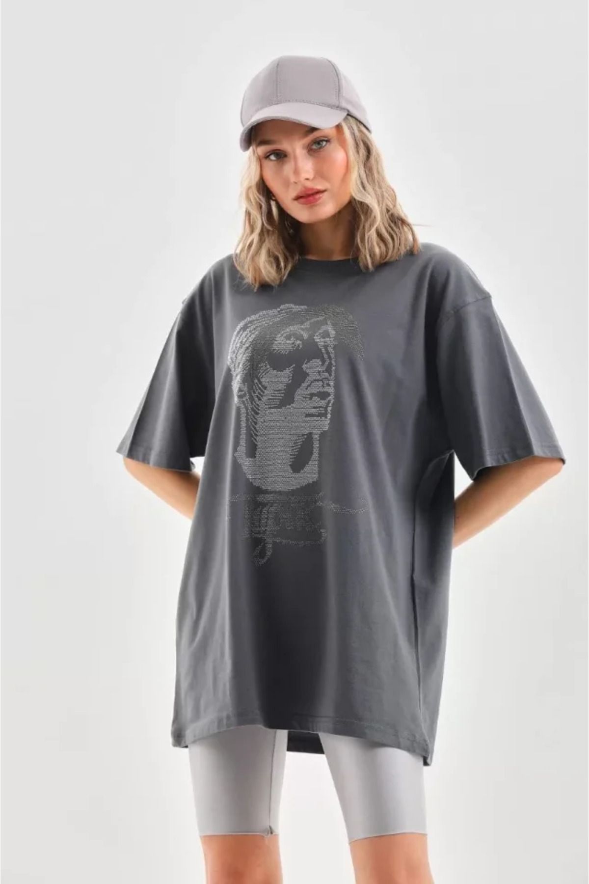 ARUZ MODA Unisex Taş Desenli Oversize T-Shirt - Füme