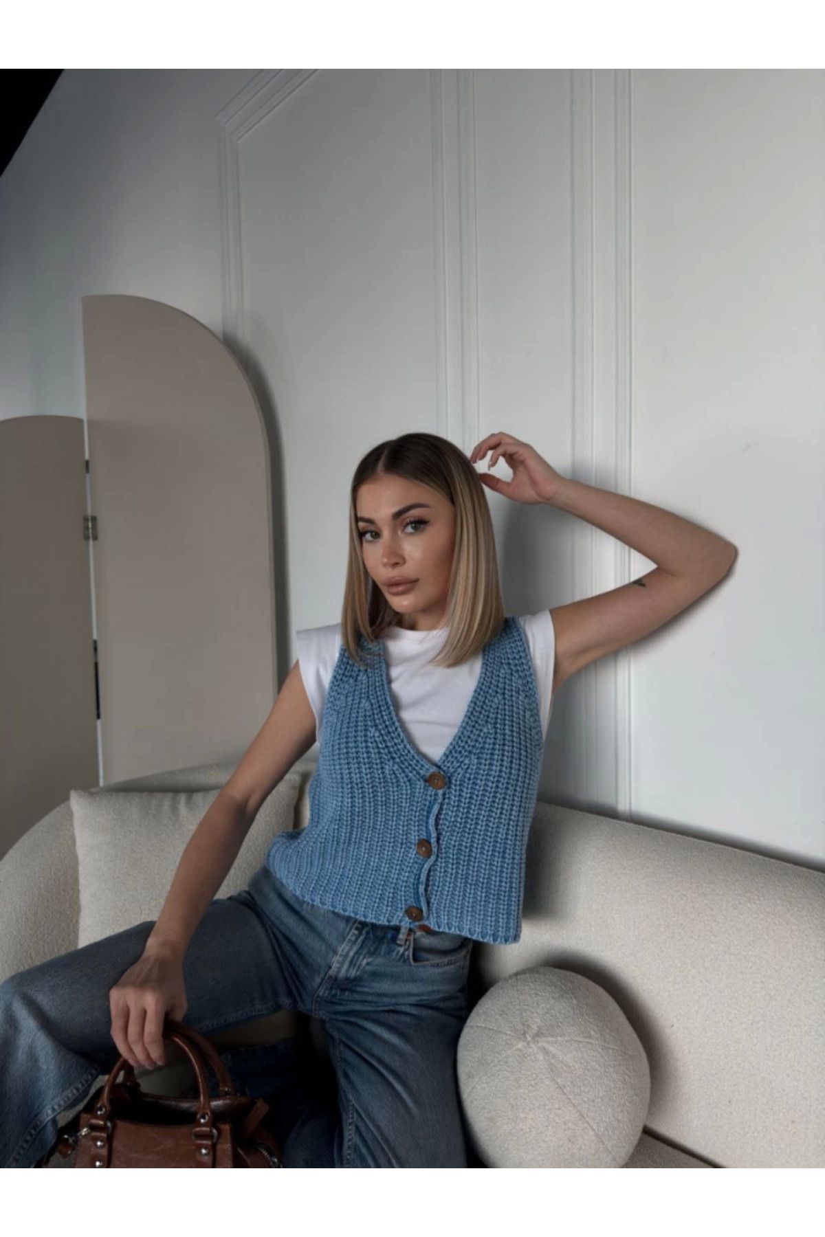 ARUZ MODA Triko Kolsuz Düğmeli Yelek - Mavi