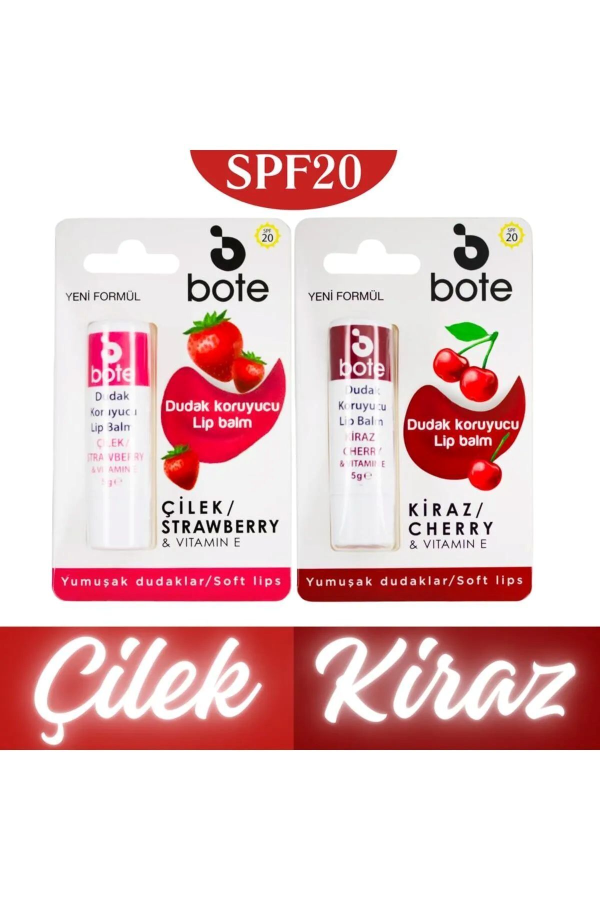Bote Kiraz Aromalı + Çilek Aromalı Dudak Koruyucu Lip Balm 5 gr