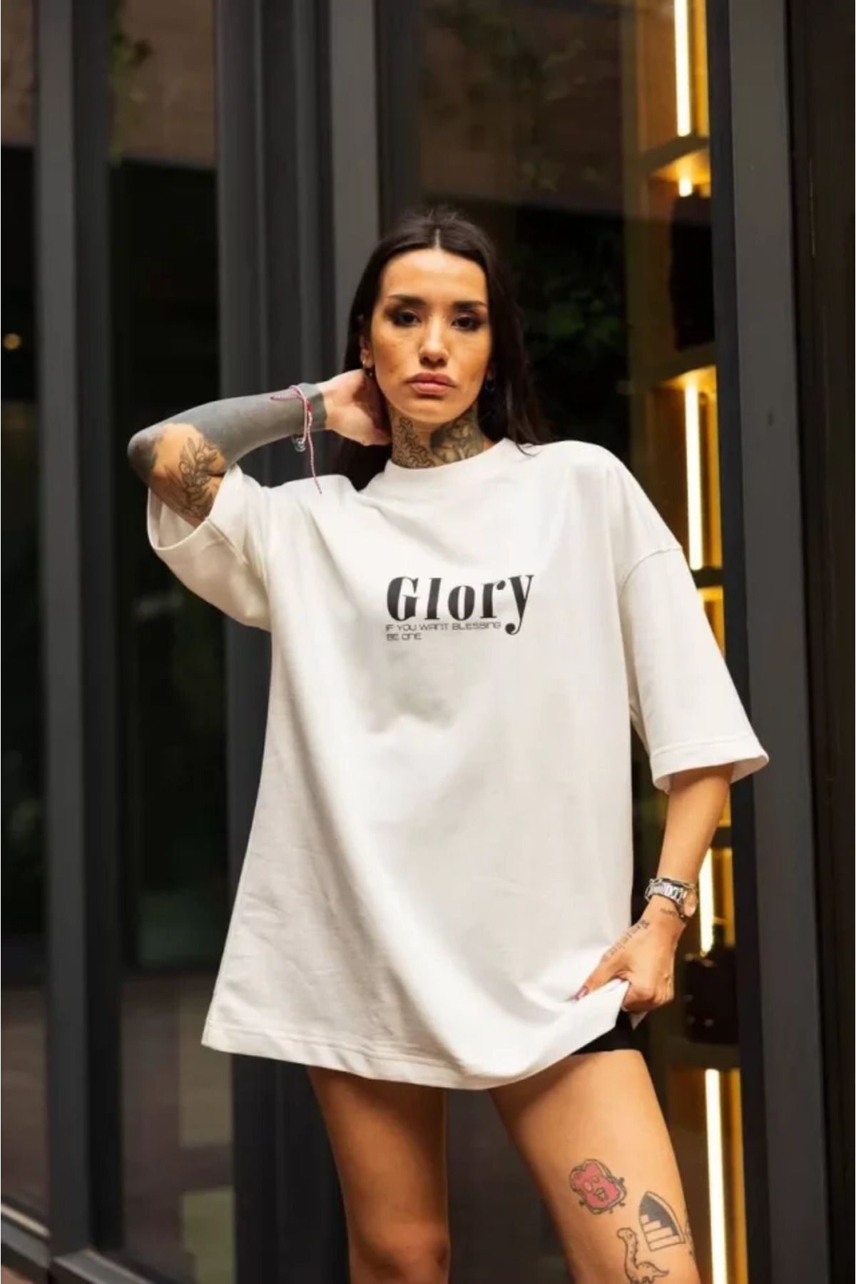 ARUZ MODA Unisex Bisiklet Yaka Baskılı Oversize T-Shirt - Beyaz