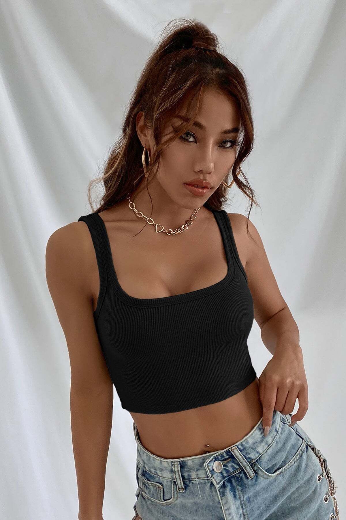 Ethab Ticaret Kadın Siyah Kalın Askılı Crop Top Büstiyer