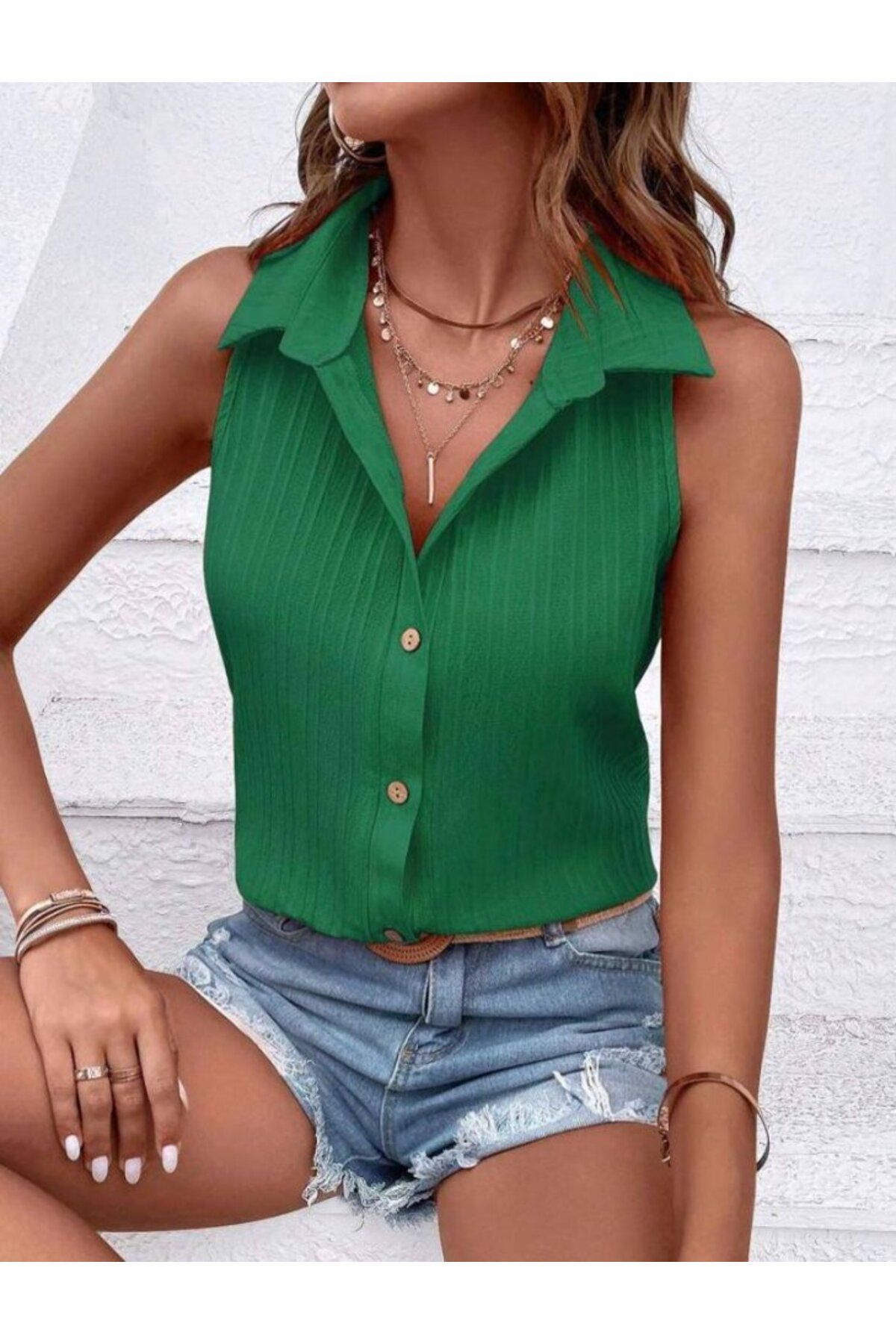 ARUZ MODA Kadın Sıfır Kol Pamela Kumaş Gömlek