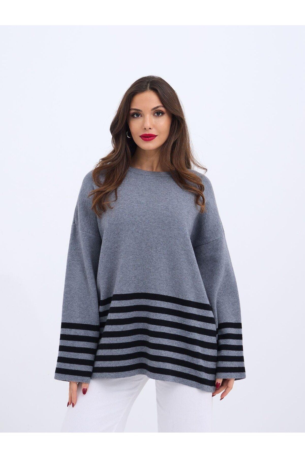 ARUZ MODA 42381 TRİKO ÇİZGİLİ KAZAK-ANTRASİT-SİYAH
