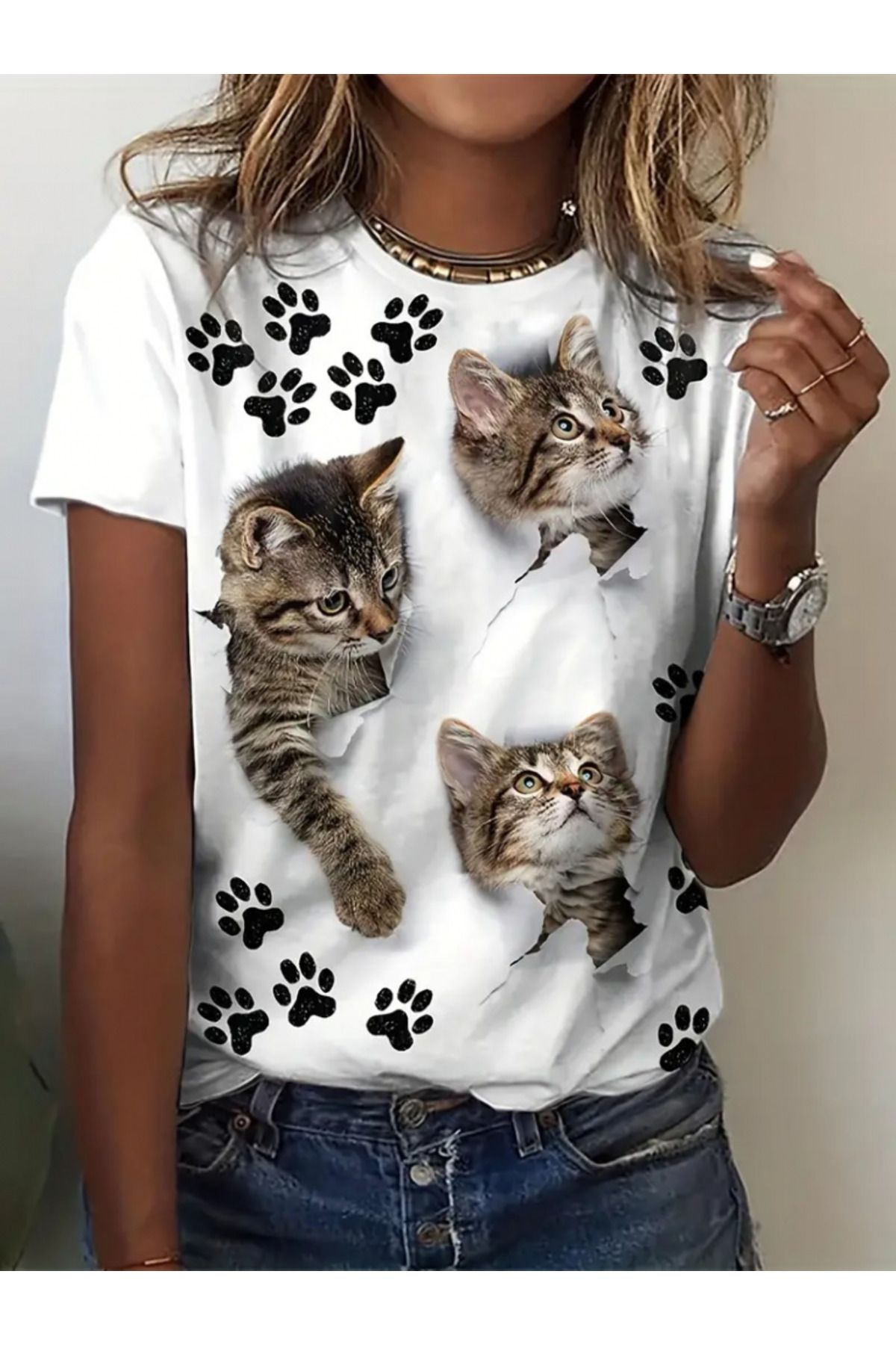 ARUZ MODA Kadın Kısa Kollu Kedi Ve Pati Baskılı Süprem T-shirt
