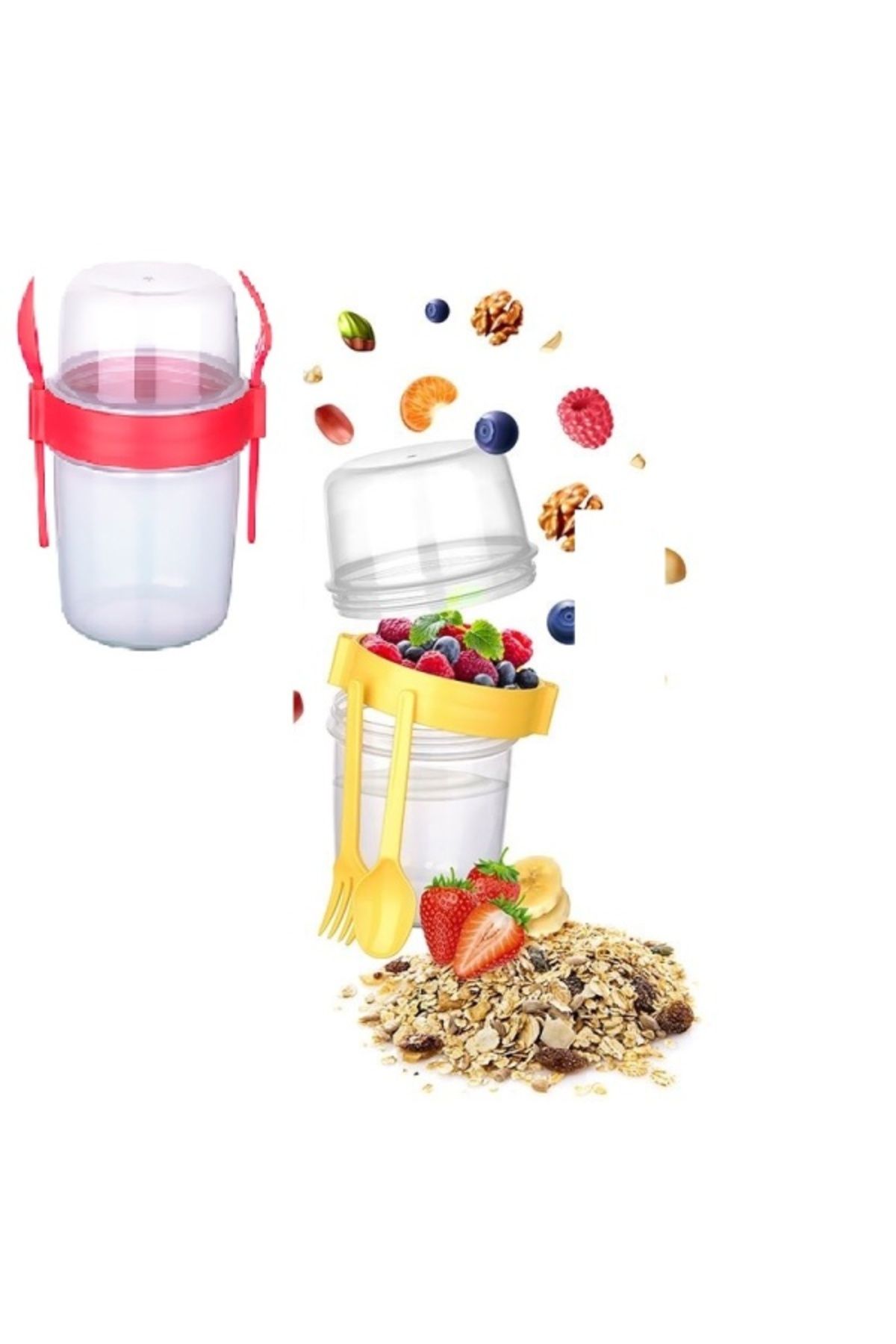 noip Çift Hazneli - Çatal Kaşıklı Portatif Müsli -Atıştırmalık Kabı 650 ML (7474)