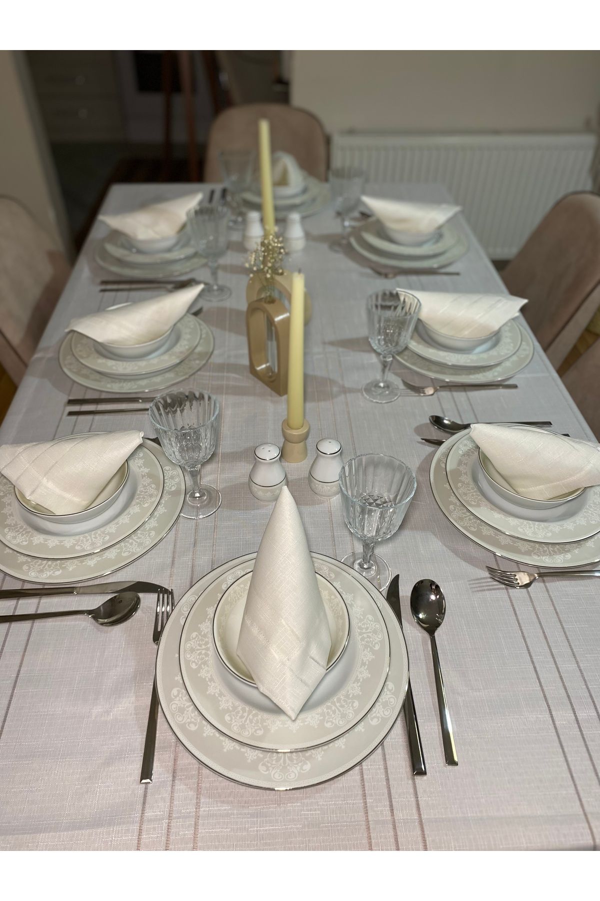 Melek Çeyiz 8 Kişilik 9 Parça Dertsiz Keten Kumaş Yemek Masası Örtüsü